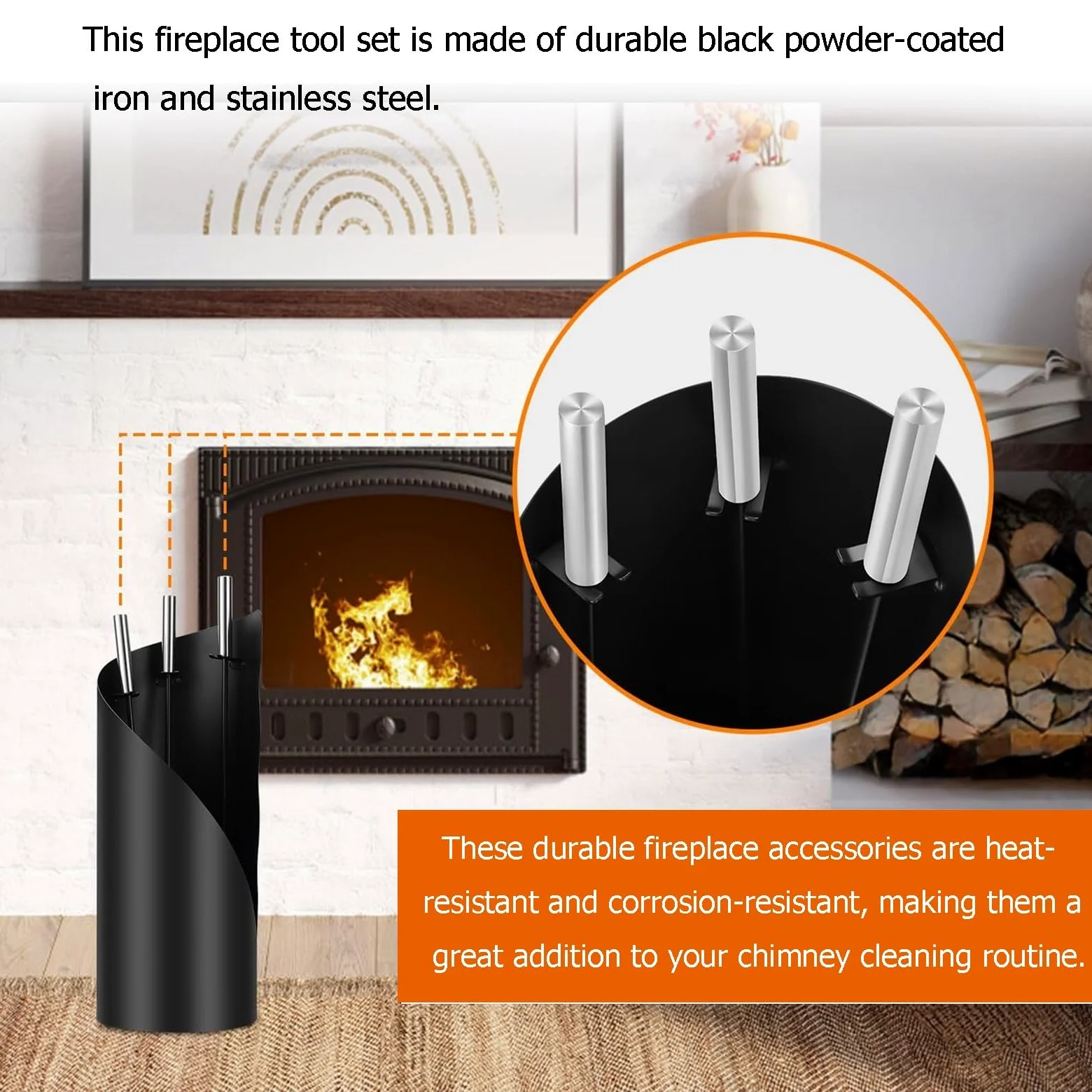 Set di 4 attrezzi per caminetto con attizzatoio, spazzola, pala e supporto, in ferro battuto, resistente al calore, decorazione per la casa e il camino