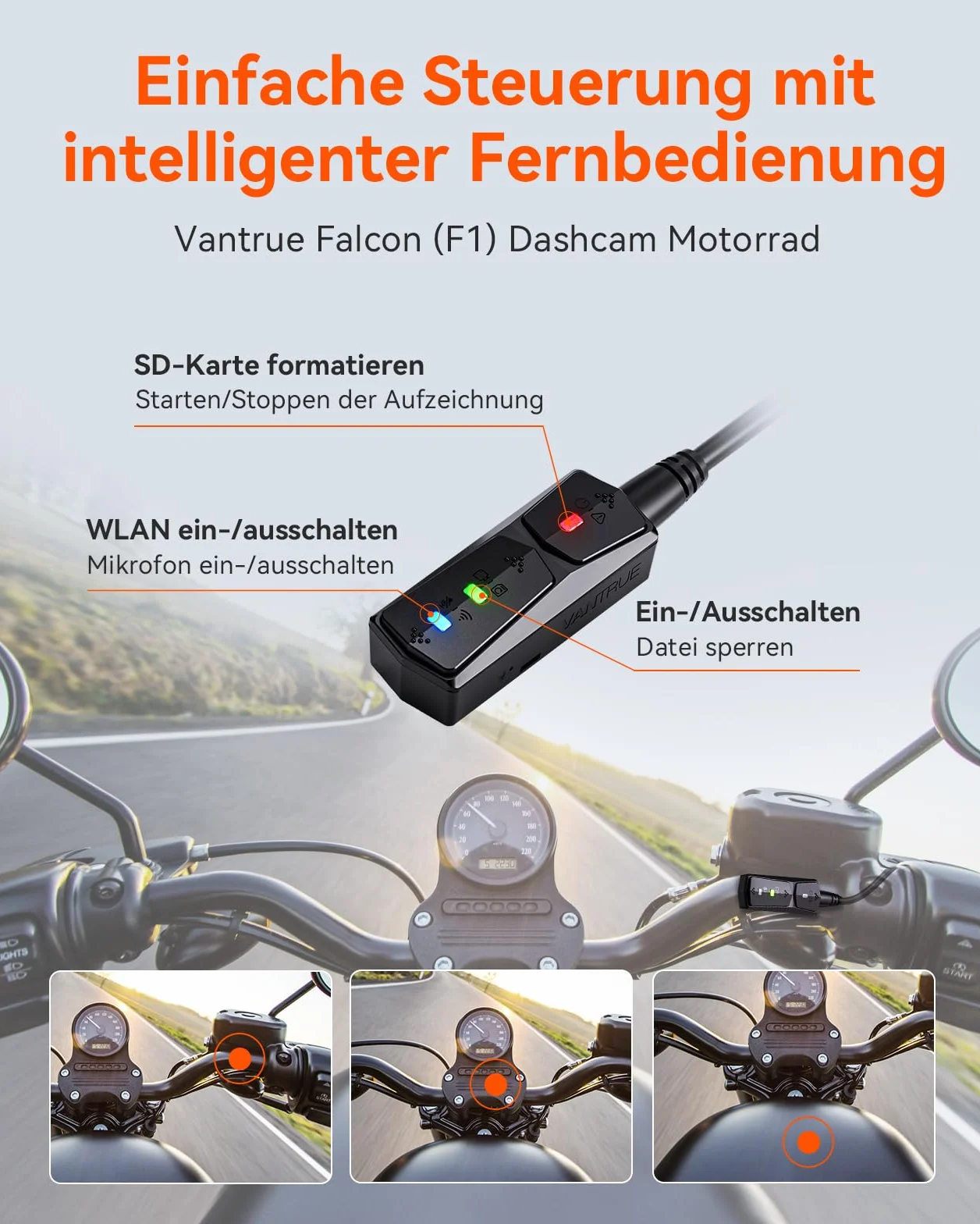 VANTRUE F1 4K+1080P Telecamera Moto Impermeabile IP67, 5GHz WiFi GPS Dash Cam Moto, Avvisi Vocali, 24H Rilevamento Collisione，Statistiche Chilometriche，WDR & HDR & APP, 300° Max 512G