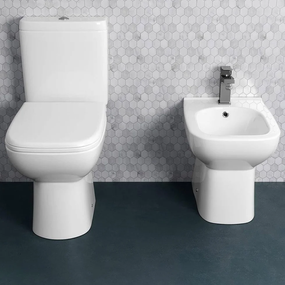 Coppia di sanitari monoblocco con scarico a pavimento e cassetta in ceramica, bidet FILOMURO e copriwc originale, ORIGIN