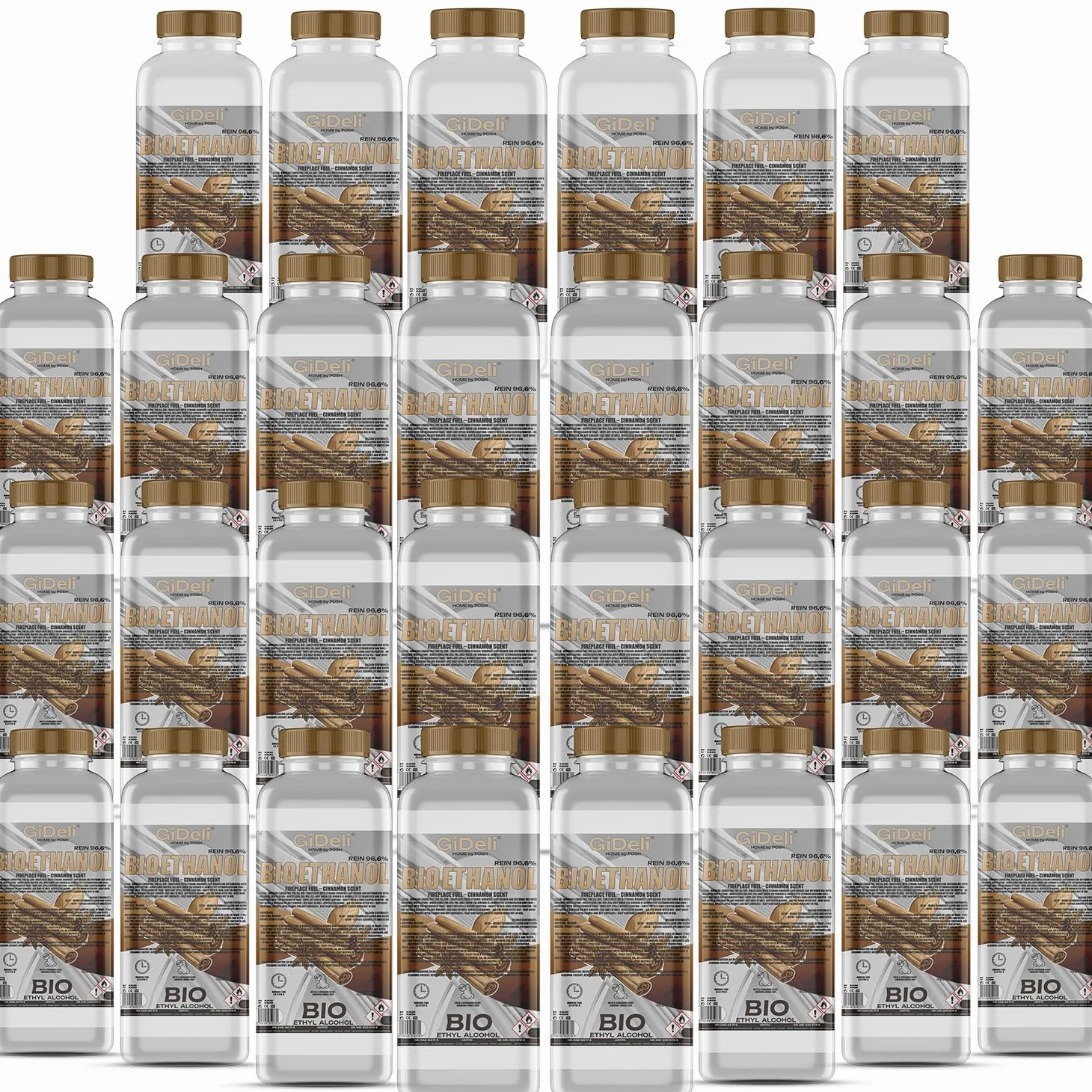GiDeli bioetanolo 30 x 1 l con profumo di cannella 96,6% etanolo per camini interni ed esterni, senza fumo e fuliggine – da mais e barbabietola da zucchero