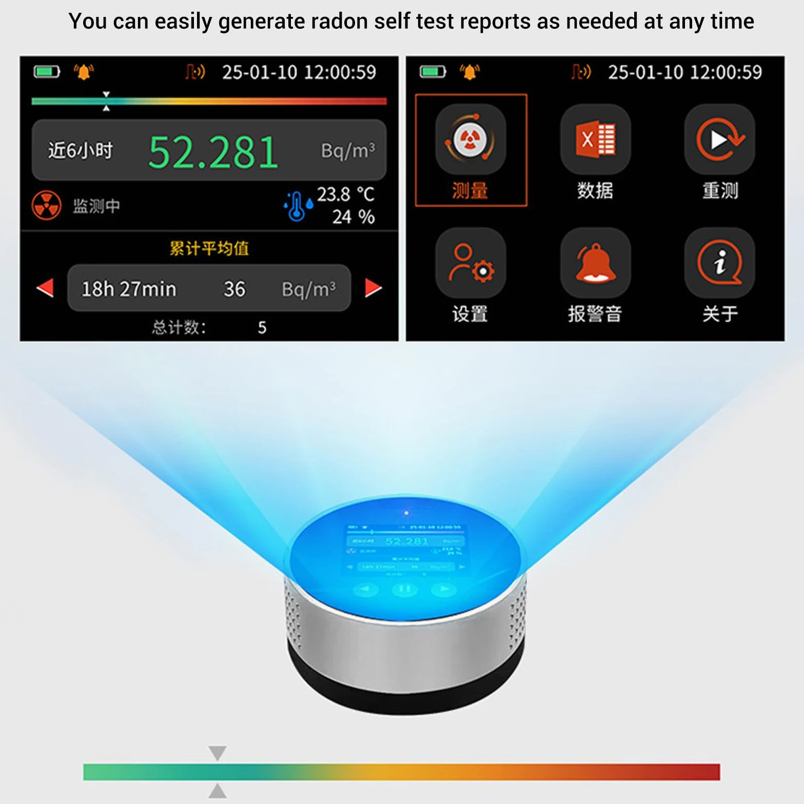 Rilevatore di Radon, Letture a Lungo Termine a Breve Termine, Display LCD, Alimentato a Batteria Ricaricabile, Portatile Compatto per Casa, Ufficio, Seminterrato Scolastico con
