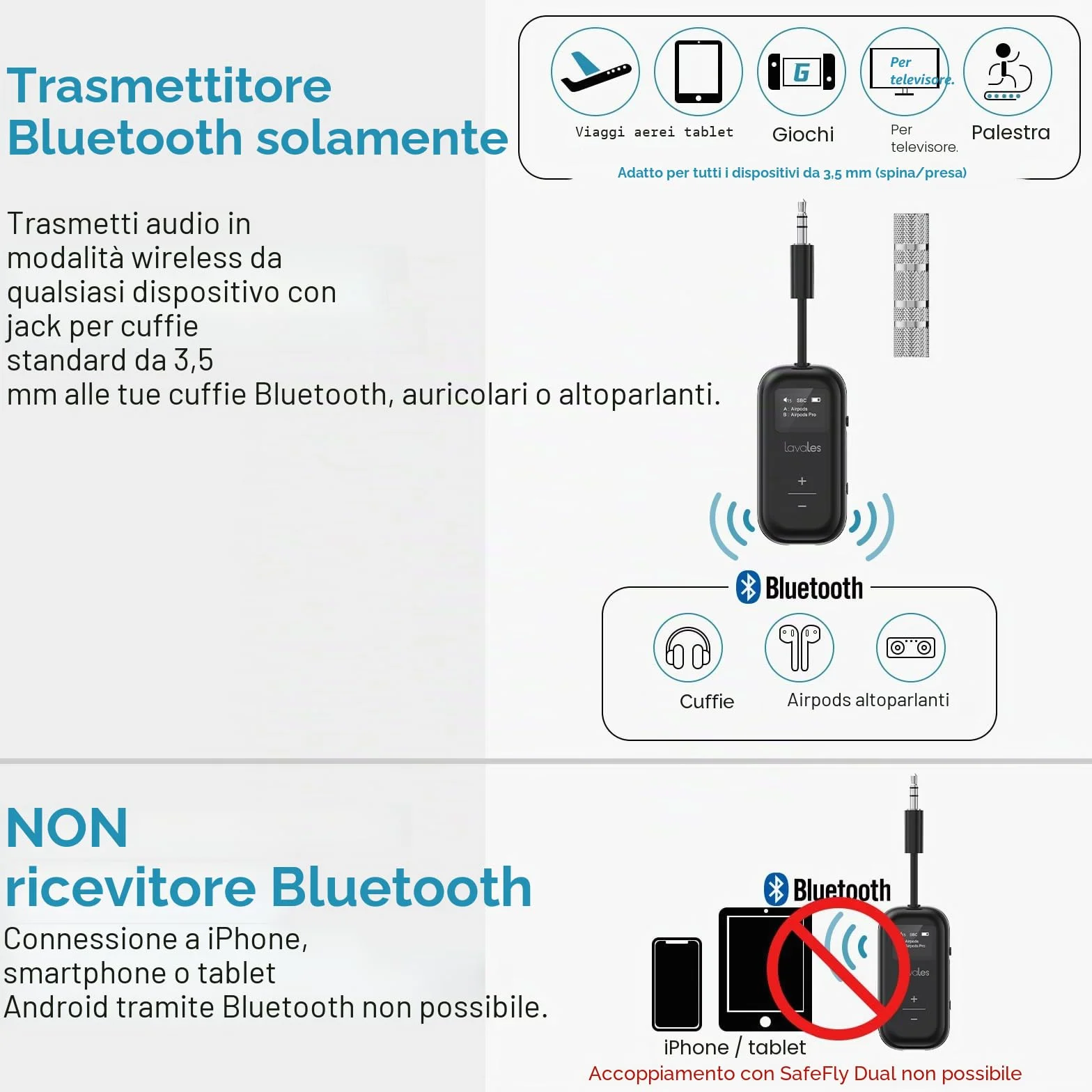 Trasmettitore Bluetooth 5.3 per Airpods/cuffie, adattatore aptX Low Latency/Adaptive, 25 ore di riproduzione, splitter audio AUX 3,5 mm