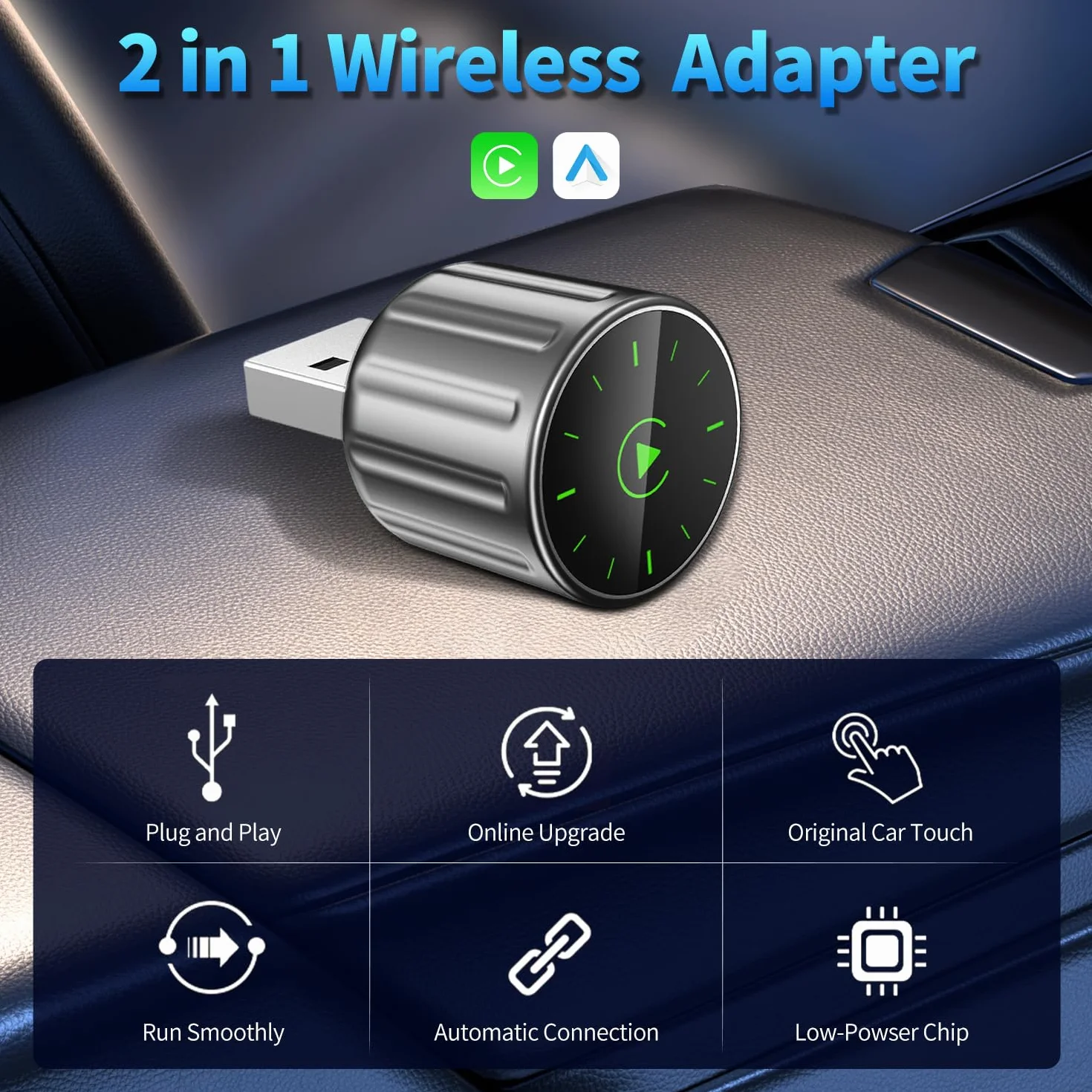 Adattatore 2 In 1 Wireless Carplay E Android Auto,Converte Da Cablato A Wireless, Connessione Automatica, Plug & Play per auto con CarPlay cablato,Supporta iOS 10+ e Android 11+ (Grigio)