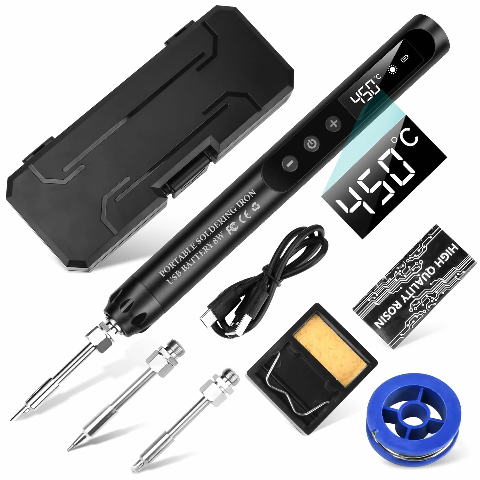 Kit saldatore USB-C senza fili display LCD temperatura regolabile 200°C-450°C 3 punte riparazione elettronica