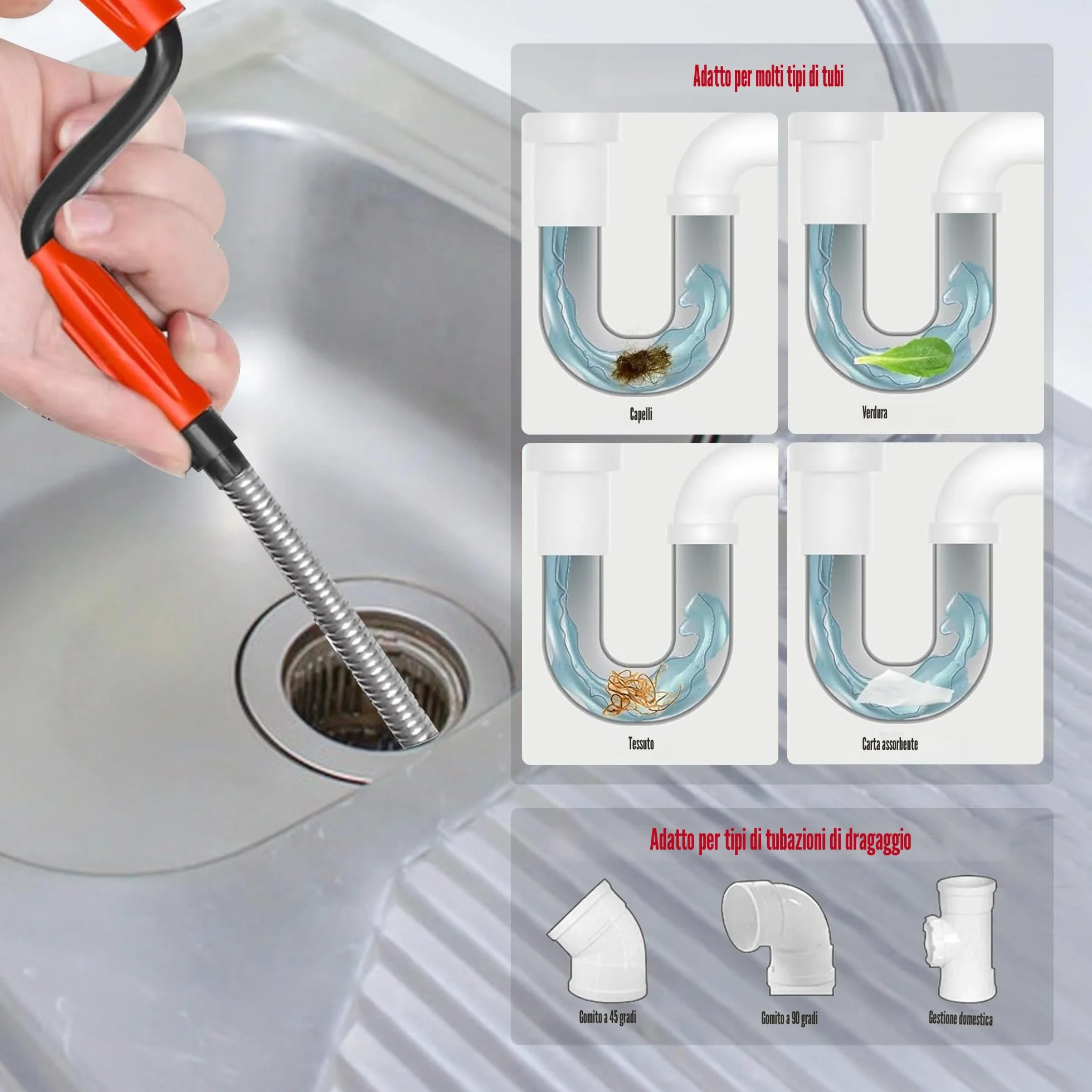 JAADU Stura Tubi Professionale 5m x 6mm Sonda Sturatubi per Lavandini e WC