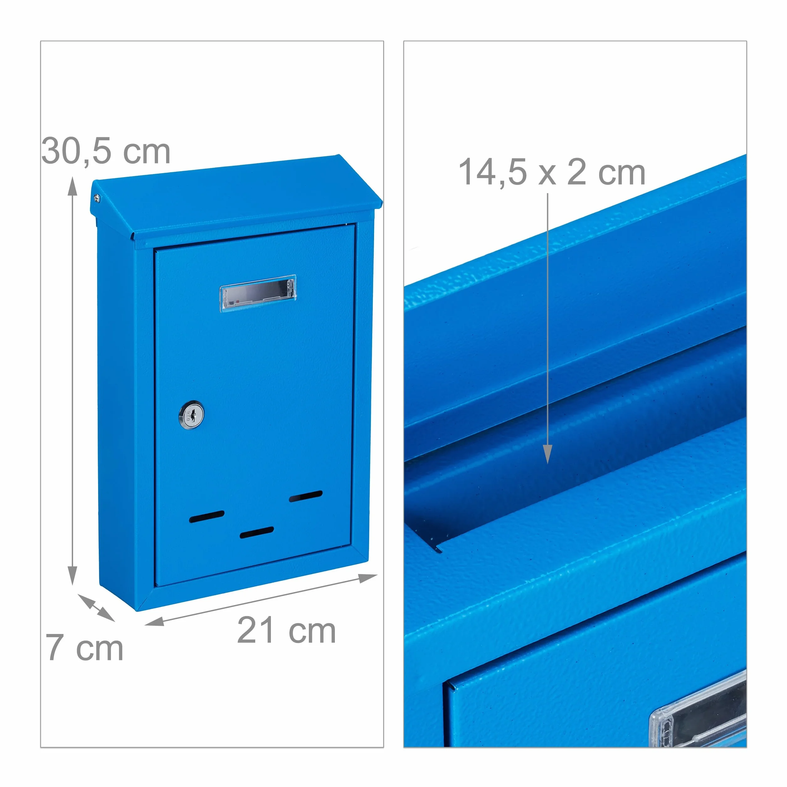 Relaxdays Cassetta della Posta Metallo Buca Lettere 30,5x21x7 cm Blu 2 Chiavi