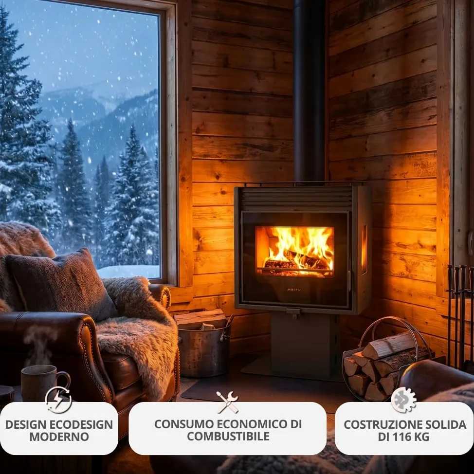 Prity PM3L E - Stufa a legna panoramica | vetro a tre lati | formato grande | 10 kW | certificato CE | Stufa a legna di design