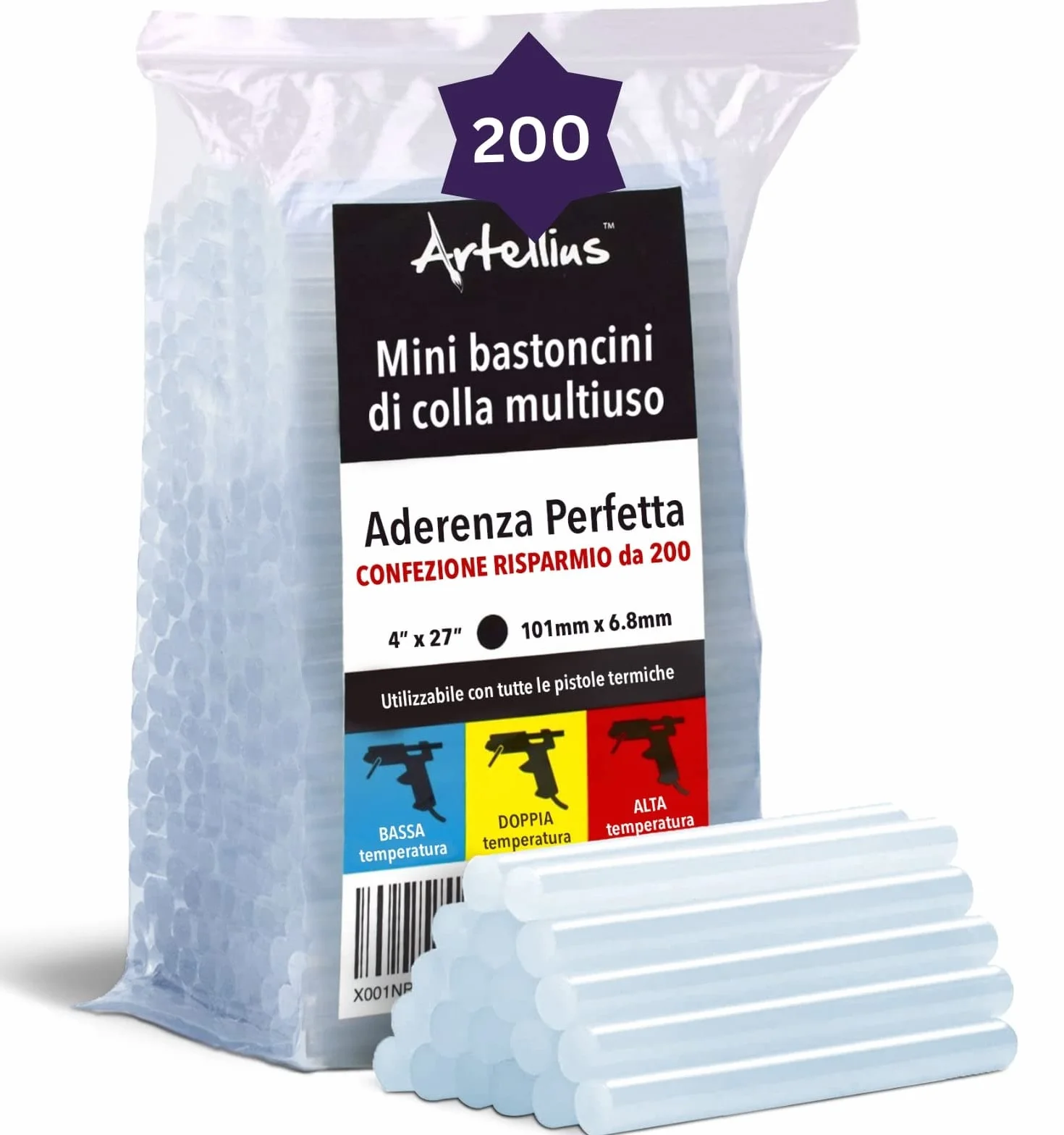 Artellius Mini Stick Colla a Caldo 7 mm 200 Pezzi Ricariche 7mm x 100 mm Compatibili Pistole