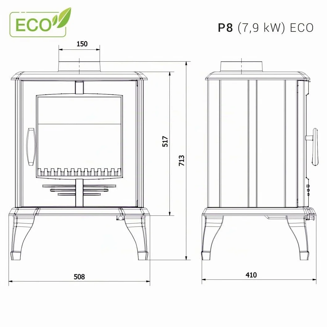 Stufa a legna libera installazione, in ghisa nera - P8 (7,9 kW) ECO