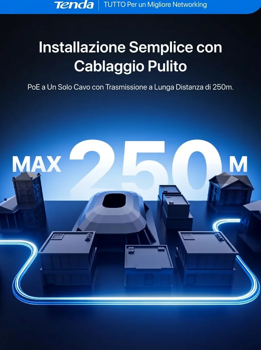 Tenda TN3108-8P NVR Sistema di Sorveglianza 4K, Trasmissione 250m, H.265+, Plug&Play, Supporto HDD fino a 10 TB (non incluso)/Archiviazione Cloud, Protezione Fulmini 4KV, App Controllo Remoto