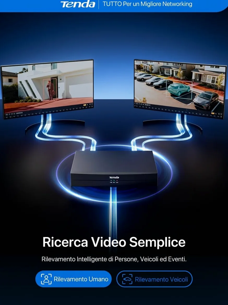 Tenda TN3108-8P NVR Sistema di Sorveglianza 4K, Trasmissione 250m, H.265+, Plug&Play, Supporto HDD fino a 10 TB (non incluso)/Archiviazione Cloud, Protezione Fulmini 4KV, App Controllo Remoto