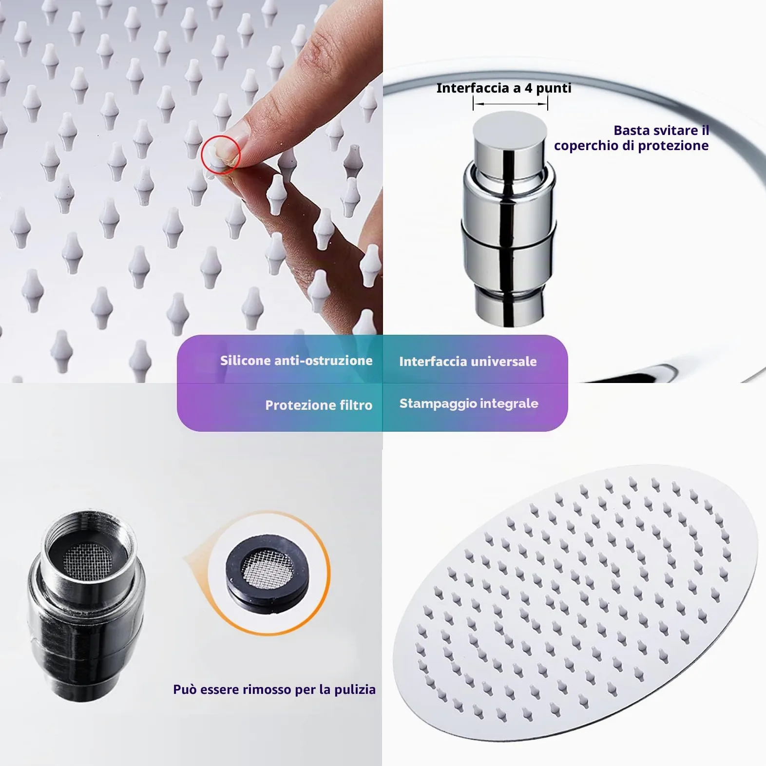 Soffione doccia a pioggia, 25 cm, soffione doccia a pioggia, in acciaio inox 304, rotondo, con gel di silice antibloccante