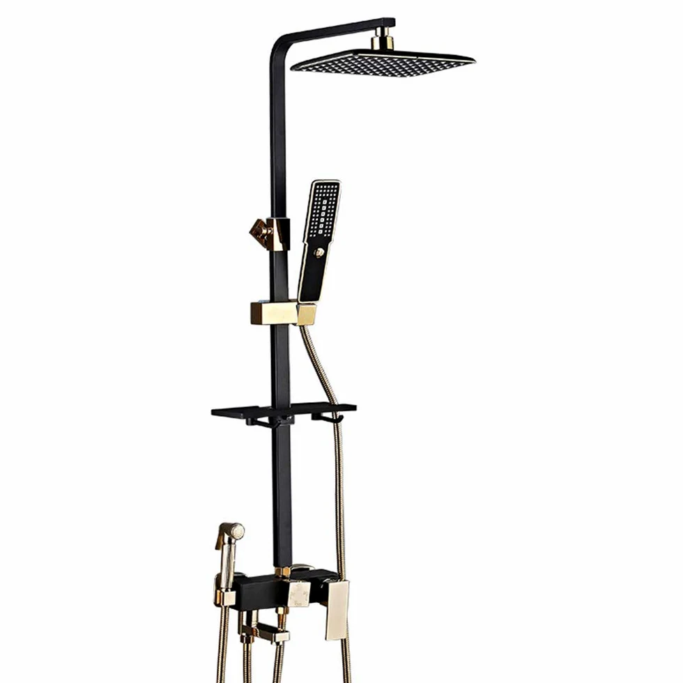 Sistema Doccia con soffione, Set Rubinetto Doccia Nero Oro, Set Combinato Multifunzione con soffione, doccetta a 3 modalità, Rubinetto per Vasca, soffione Bidet