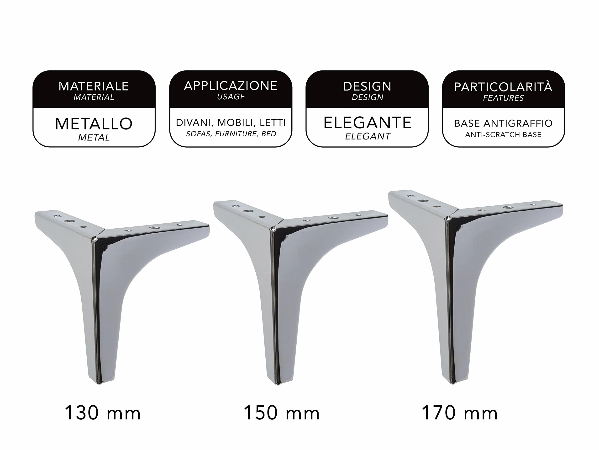 IPEA META Piedini per Mobili e Divani Set di 4 Gambe in Ferro Cromato Altezza 170 mm