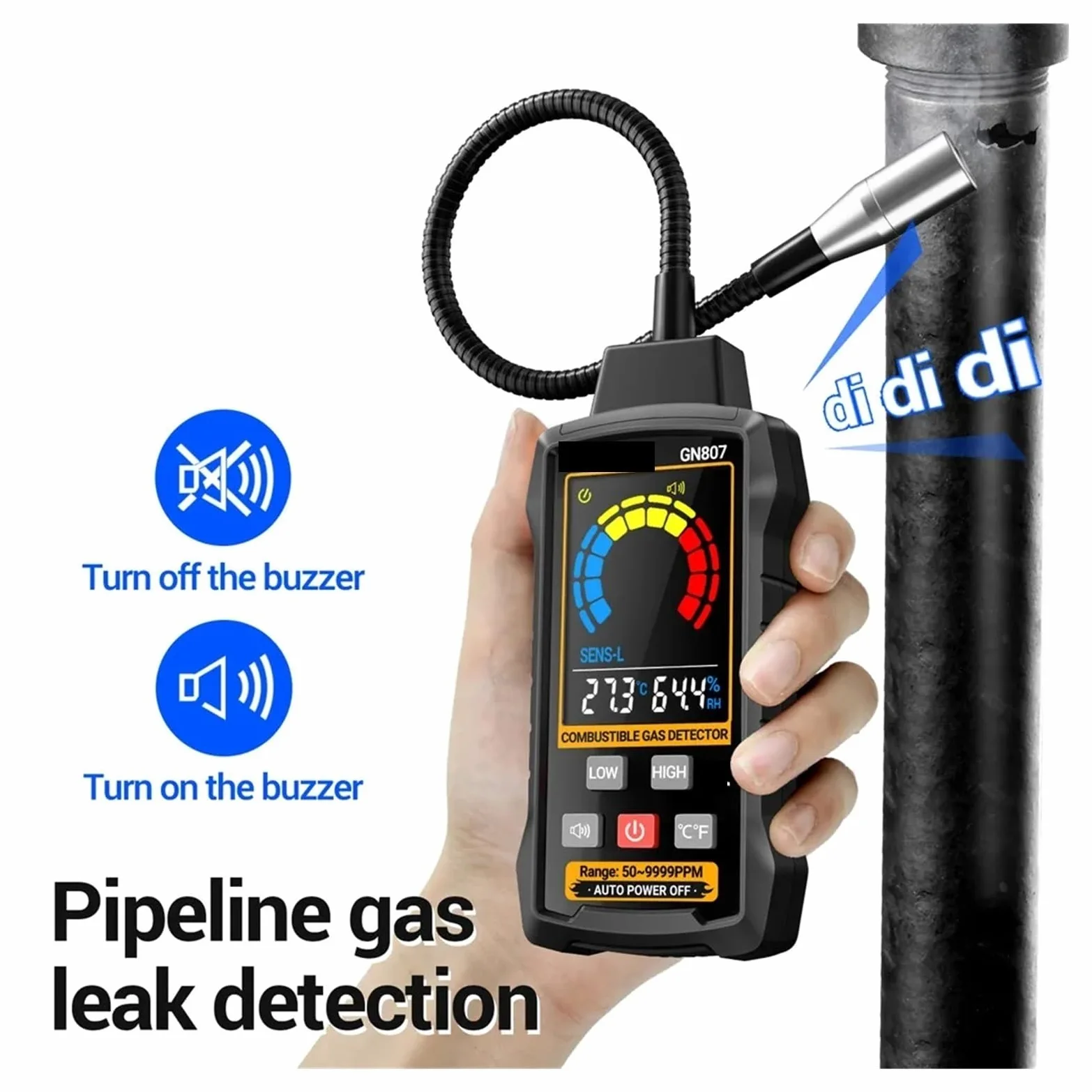 Rilevatore di gas combustibile GN807 rilevamento vari infiammabili, allarme acustico e luminoso, metano 50~10.000 PPM