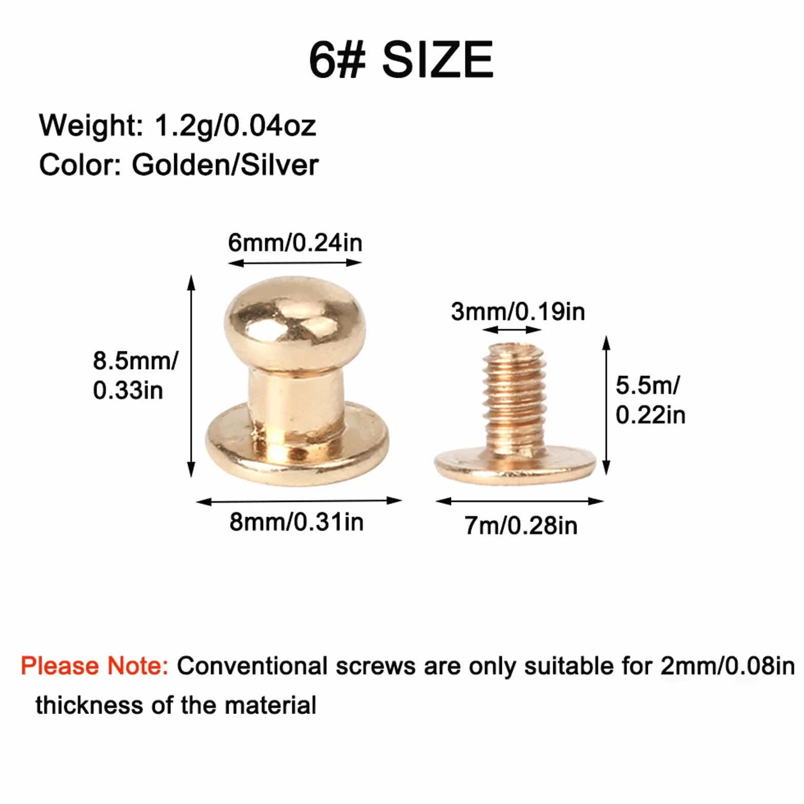 Borchie Dorate Solide a Testa Tonda 6mm in Lega di Zinco - Kit Rivetti Fai da Te per Cintura, Cinghia, Borsa