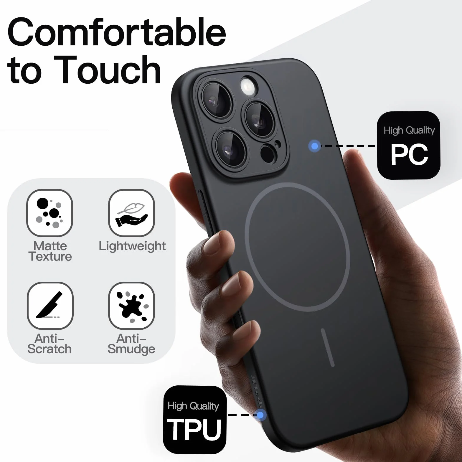JETech Cover Magnetica Slim per iPhone 16 Pro Max 6,9 Pollici Compatibile con MagSafe, Protezione Completa Lenti della Fotocamera, Custodia Ultra Sottile Leggera Finitura Opaca (Nero)