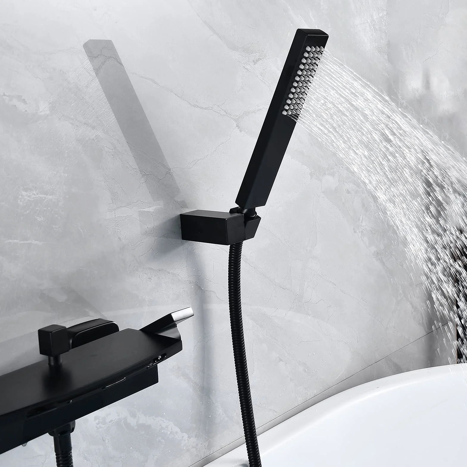 Miscelatore Vasca Da Bagno A Cascata Rubinetto Per Vasca Da Incasso A Parete, Doccia A Cascata, Doccia Calda E Fredda, Rubinetto Per Vasca (Nero)