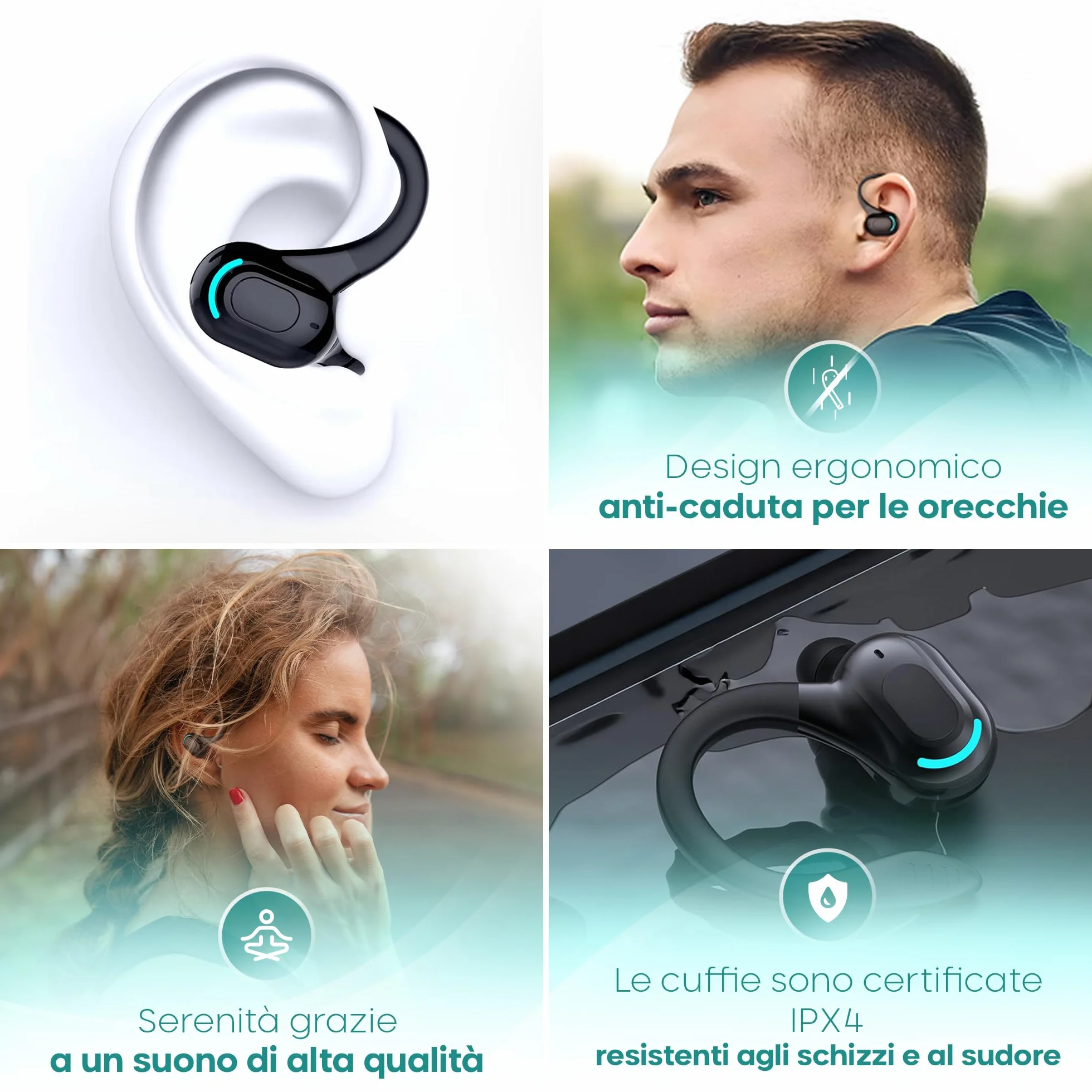 Auricolare Bluetooth mono senza fili V5.2, design 360° sopra l'orecchio, microfono integrato, batteria 70 mAh, 20 ore di riproduzione, compatibile con iPhone, Android e PC