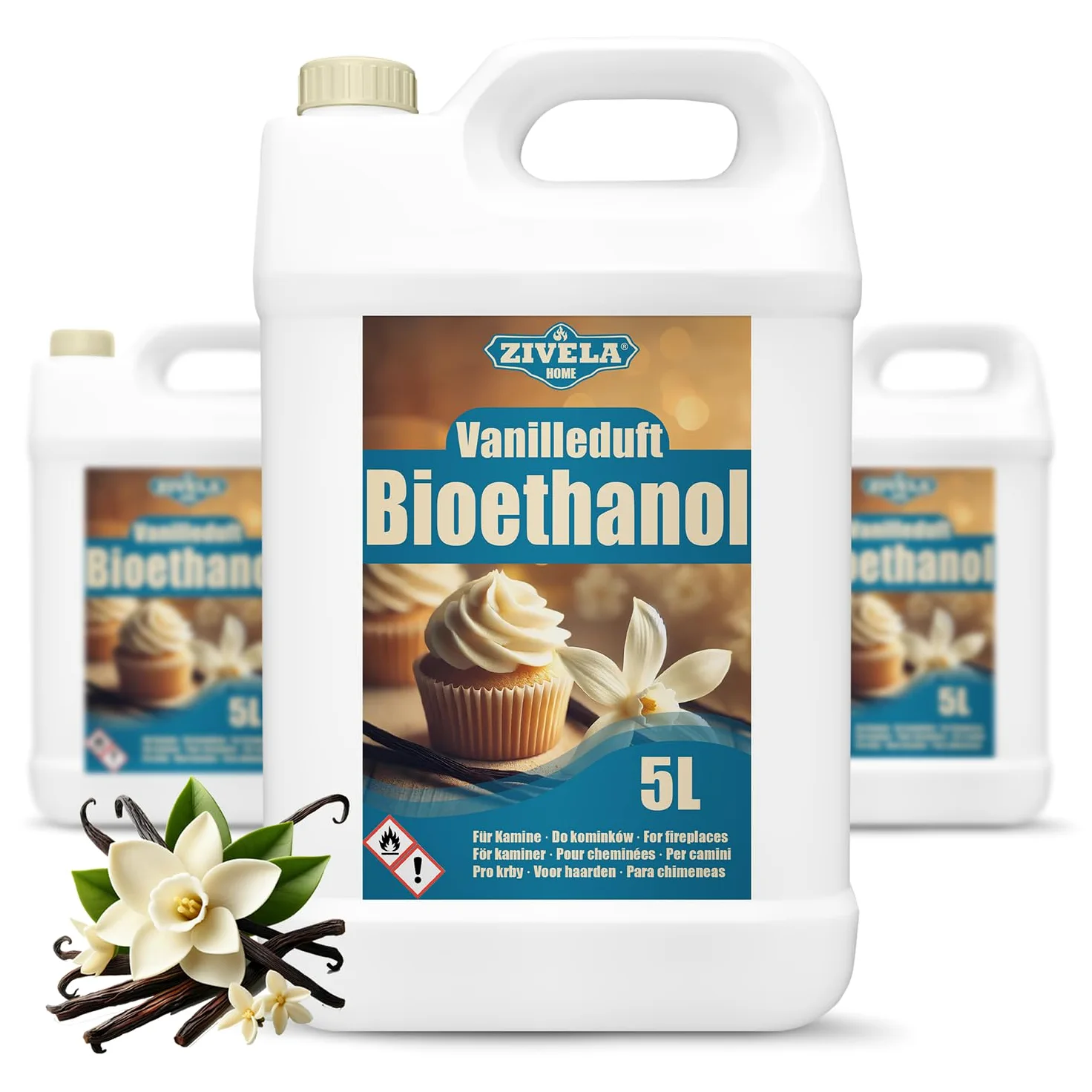 Bioetanolo 96,6% 15 l, profumo di vaniglia biologico 96,6% 3 x 5 l, bioetanolo per camino, caminetto, camino a bioetanolo, profumo di vaniglia, combustione pulita, senza fumo, fiamma vivida e stabile