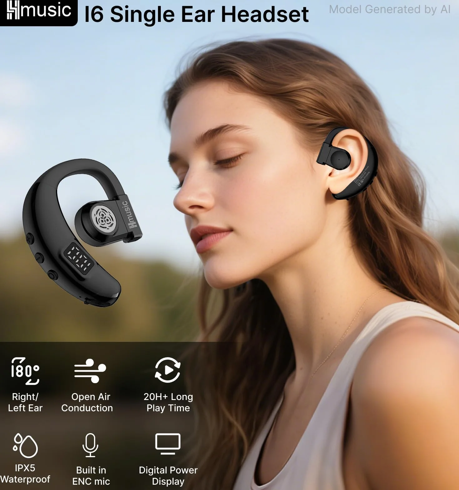Hmusic Auricolare Bluetooth Singolo V5.4, Rotazione 180°, per Orecchio sinistro e destro, IPX5 Impermeabile, 20 Ore di Autonomia con microfono ENC, per guida, lavoro e sport (nero)