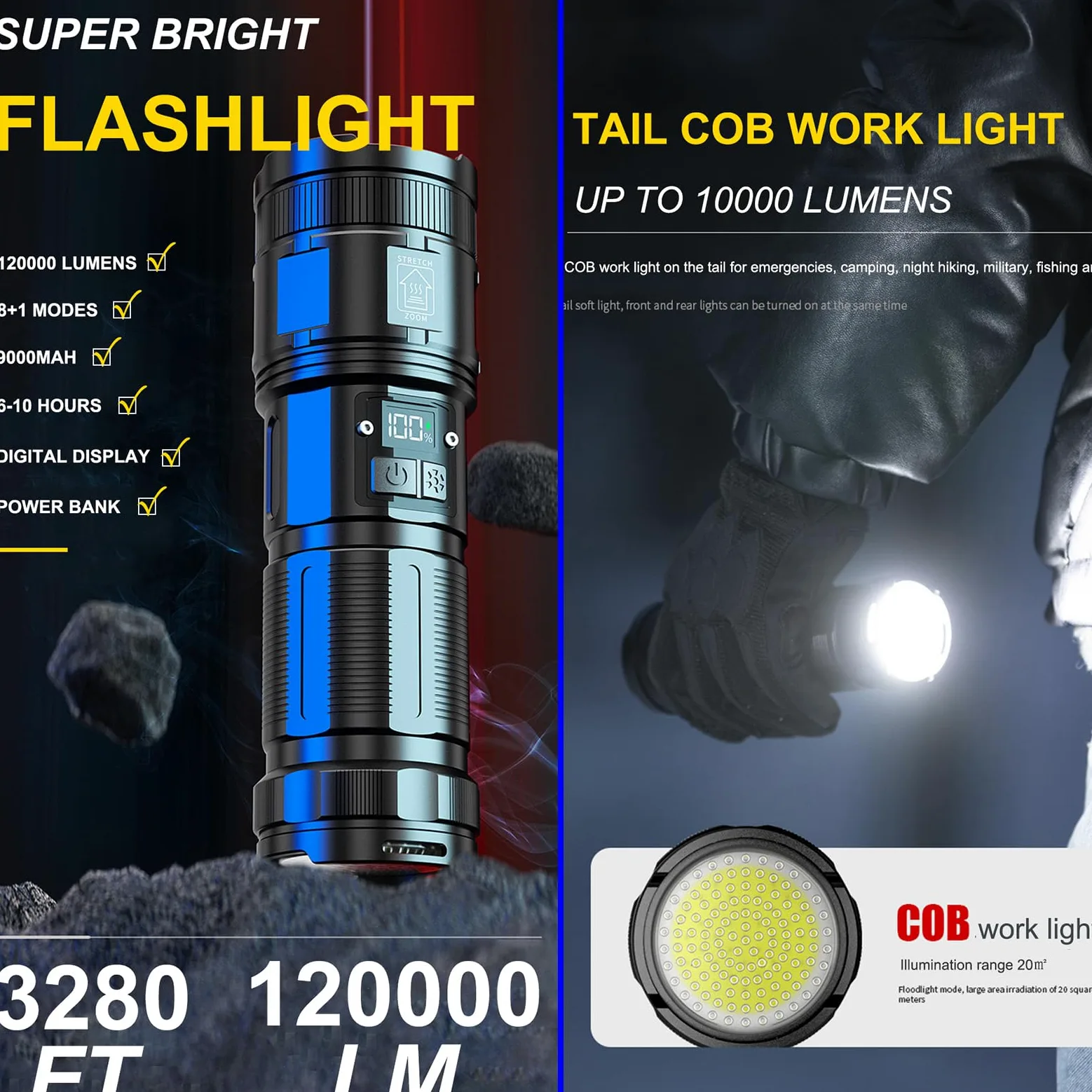 Torcia ricaricabile, 12000 lumen, torcia LED super luminosa con luce da lavoro COB, ad alta potenza, potente torcia portatile per emergenze, campeggio, escursionismo (nero)