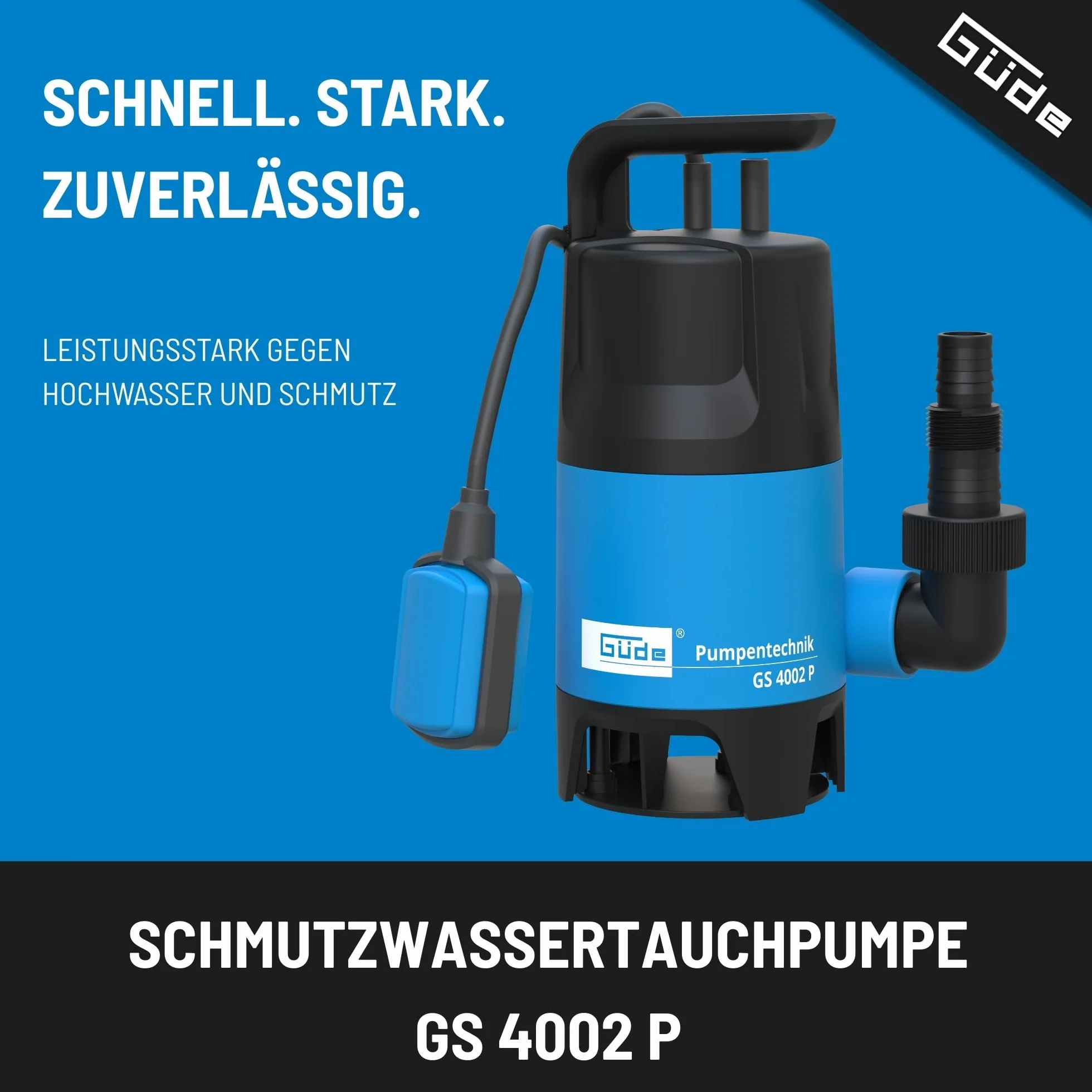 Güde 94630 - GS4002P - Pompa sommergibile per acque luride - Con galleggiante - 400 W - 7500 l/h Altezza massima di erogazione 5 m [Classe energetica A], Blu/Nero