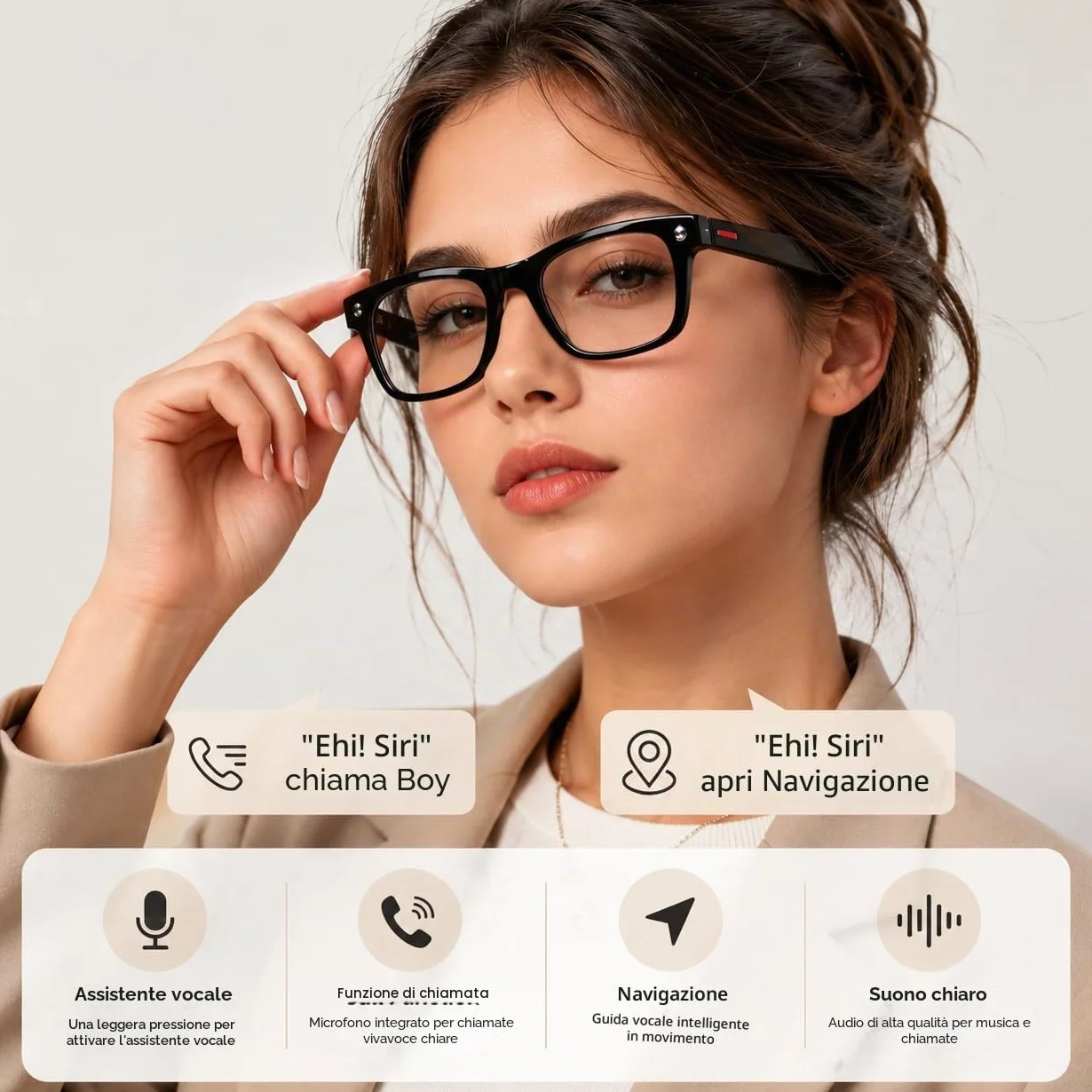 AI - Occhiali intelligenti con fotocamera, lenti fotocromatiche, chiamate Bluetooth, assistente vocale, lettore musicale, traduzione e registrazione video (1, nero)