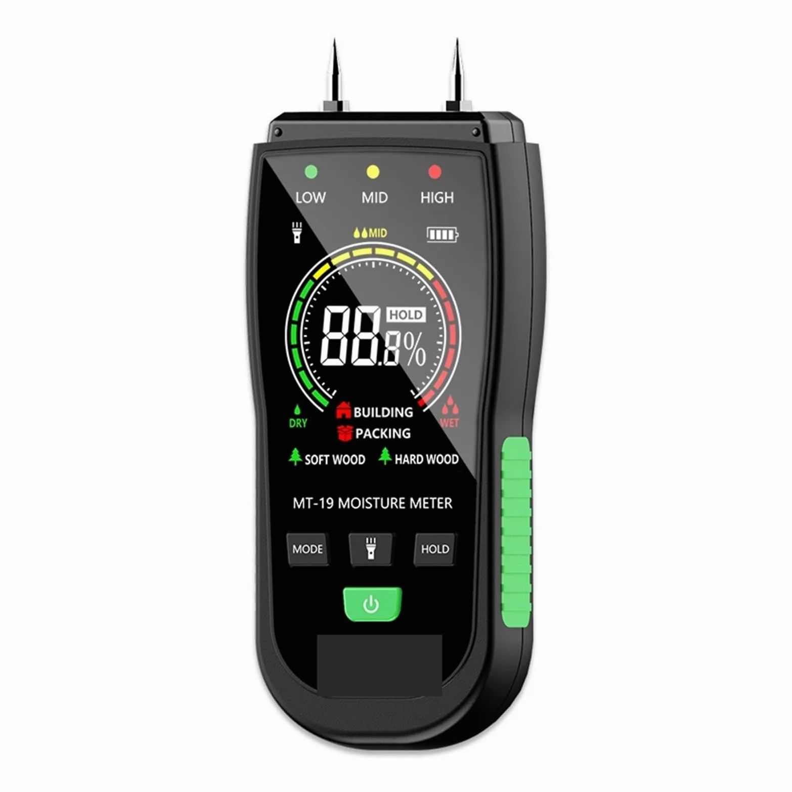MT-19 Misuratore di umidità del Legno Tester Cartone Igrometro'albero con Schermo LCD retroilluminato a Due Pin e Torcia elettrica Piccolo Errore(MT19C)