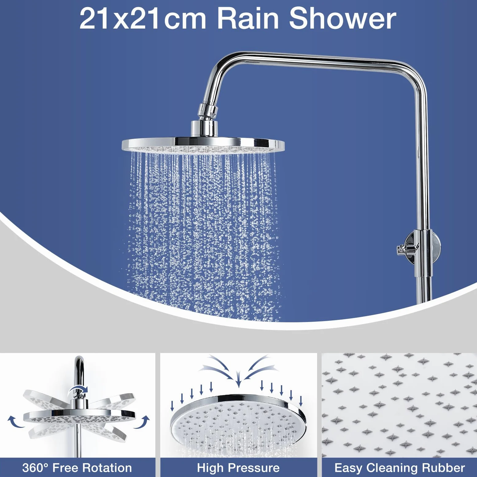 Kit asta doccia in acciaio inox, asta doccia e soffione senza rubinetto, 21 x 21 cm, soffione a pioggia e soffione portatile, cromato