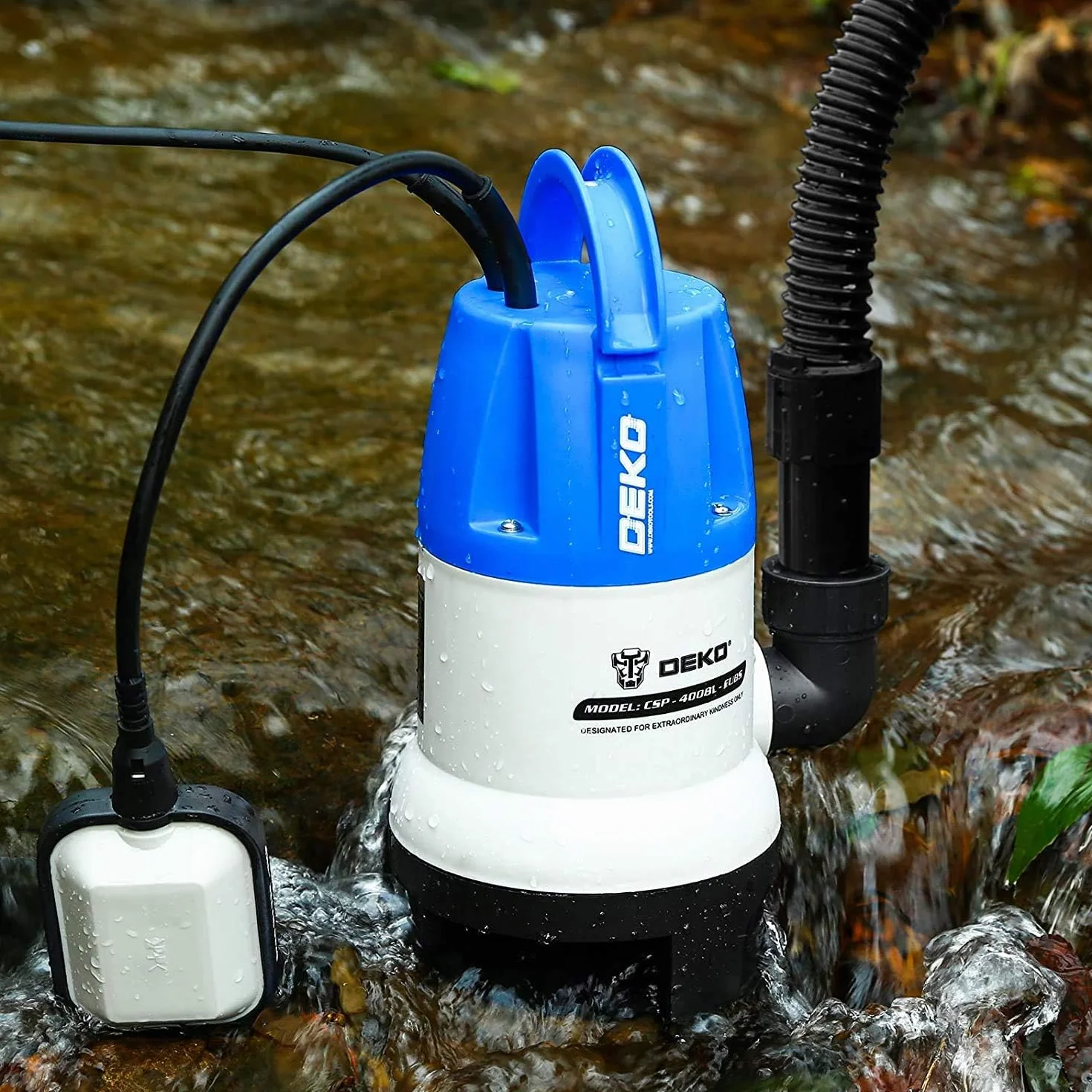 DEKO Pompa sommergibile portatile 400W 8000L/H Pompa acqua pulita/sporca Piscina Vasca da giardino Scarico per laghetto con interruttore a galleggiante e cavo lungo 10 m Blu