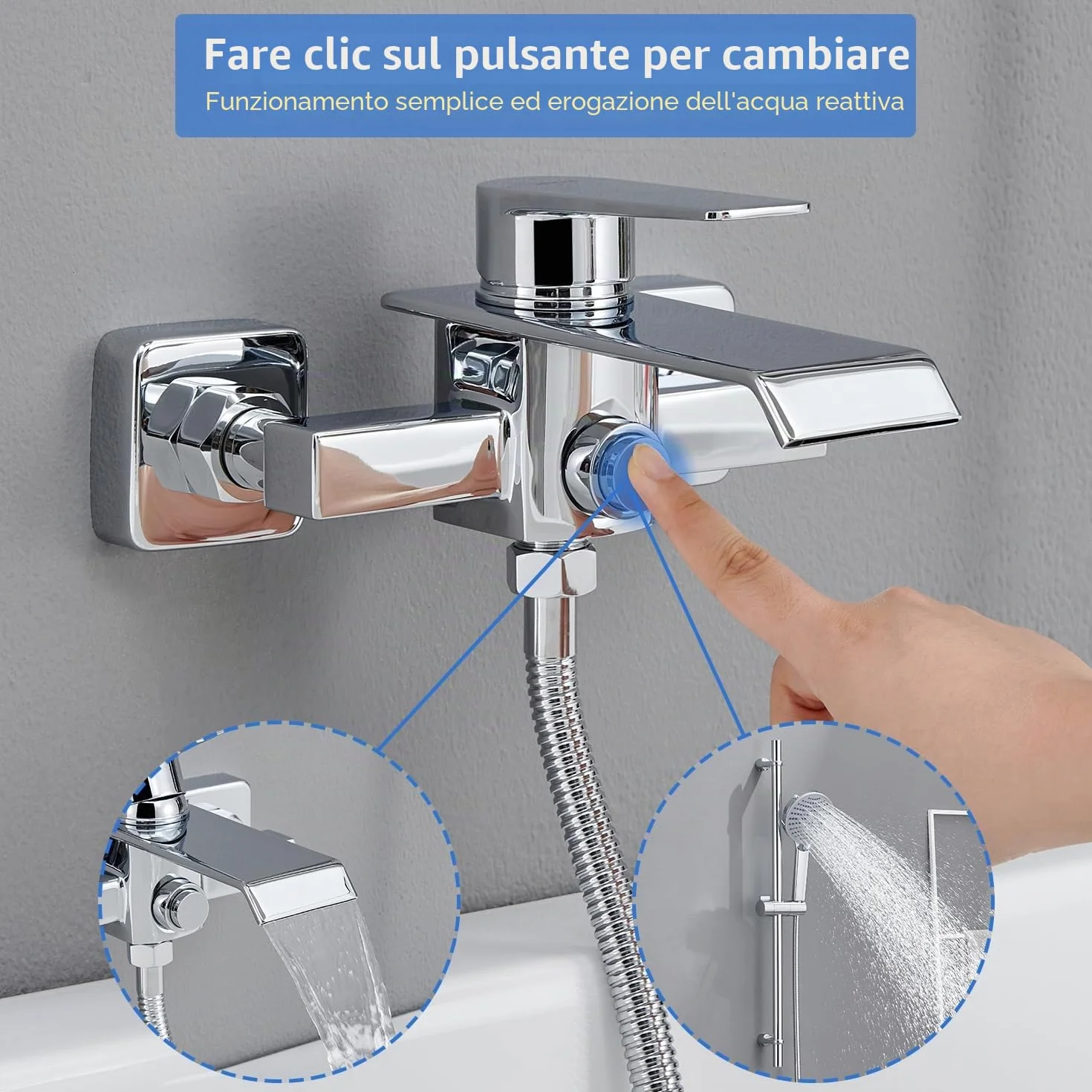 Miscelatore Vasca da Bagno a Cascata in Ottone, Rubinetto Doccia a Parete, Cromo Argento G 1/2"