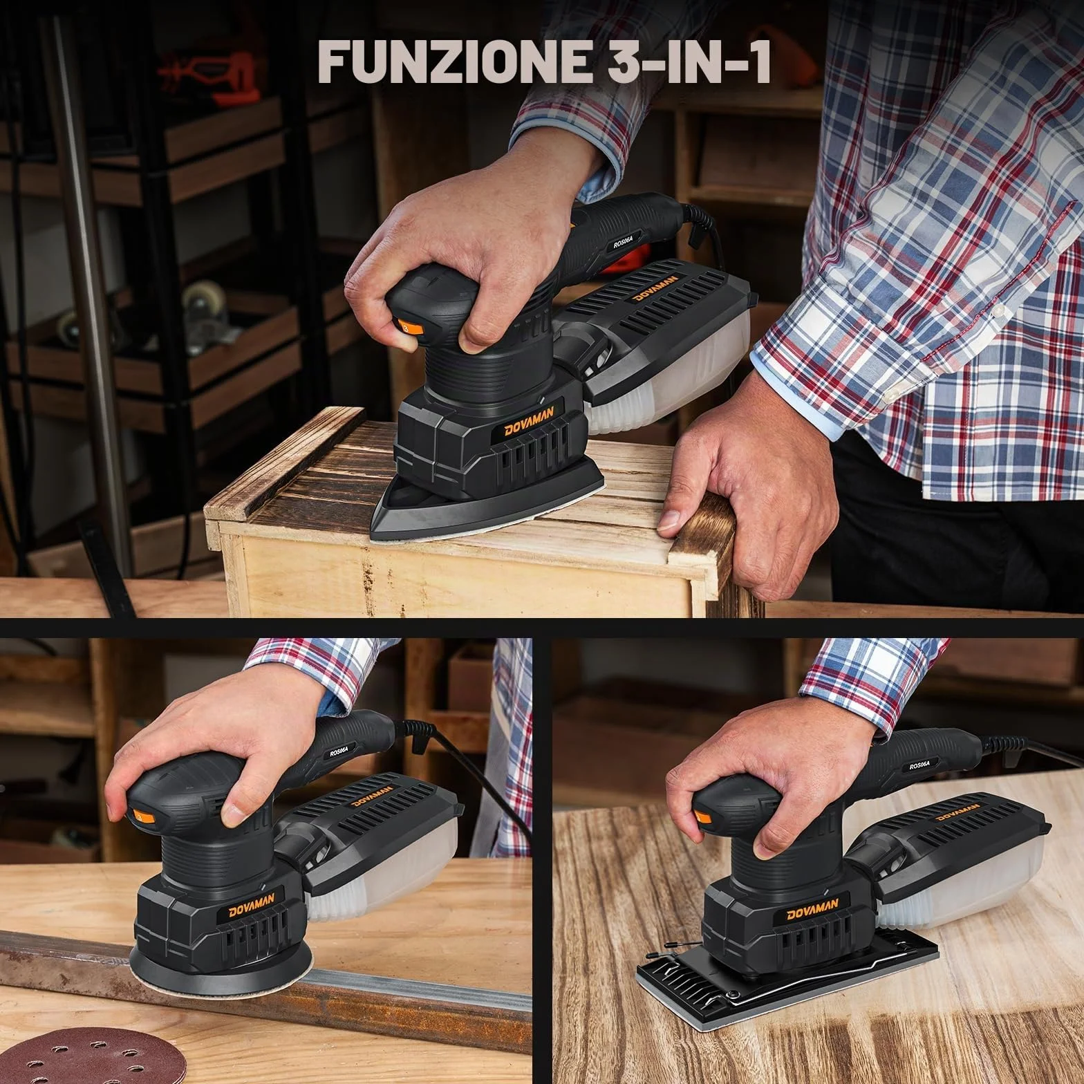 DOVAMAN ROS06A Levigatrice Multifunzione 3-in-1 200W 6 Velocità per Legno e Acciaio