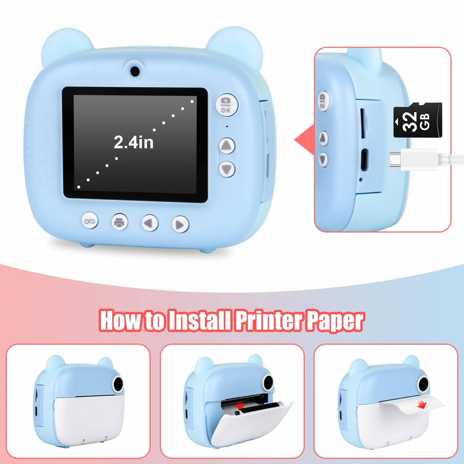 Fotocamera per bambini, 1080 p, fotocamera istantanea per bambini, con carta da 32 gb e carta fotografica, 3 – 12 anni, regalo di Natale per ragazze ragazzi (blu)