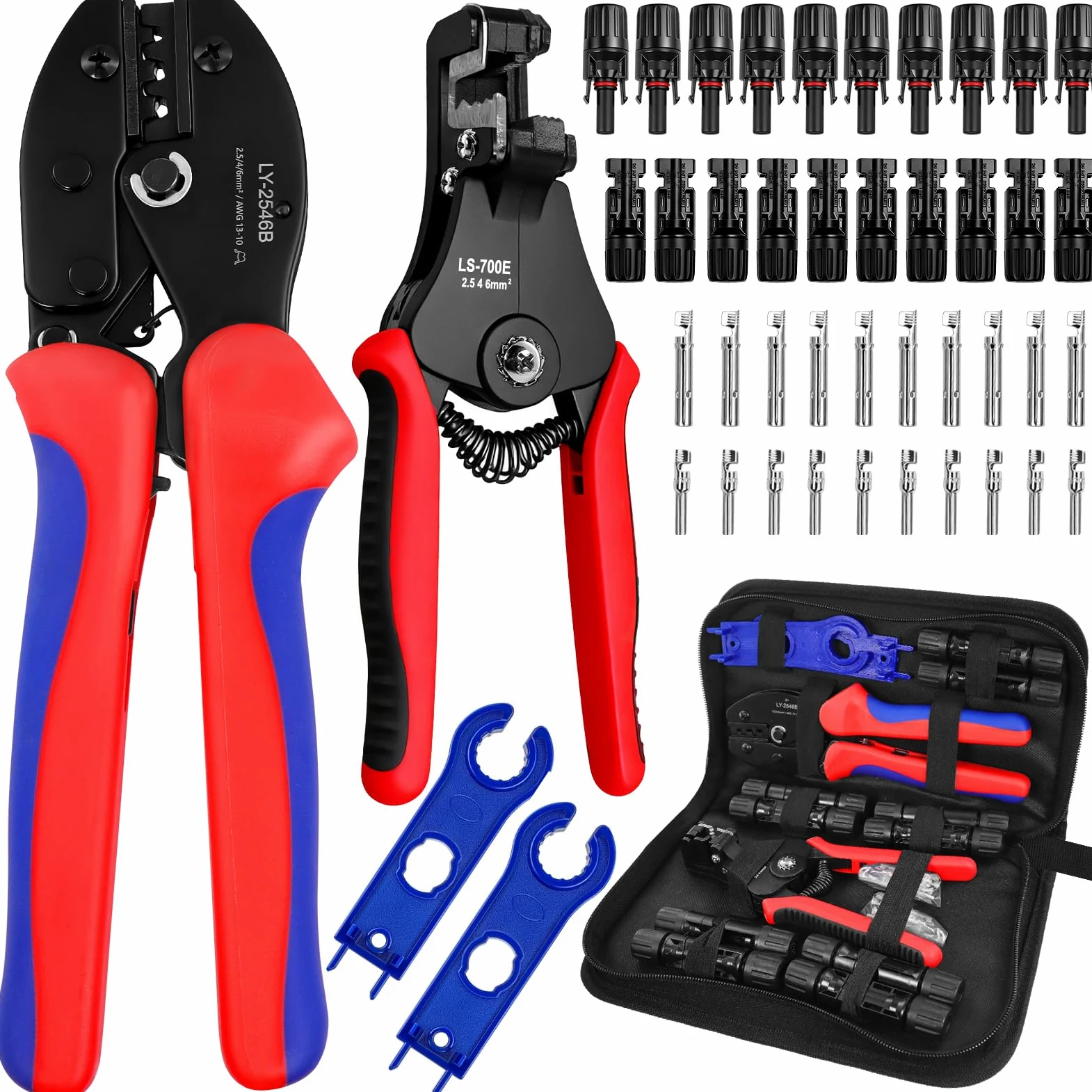 Kit di connettori per pannello solare con strumento di crimpatura, 10 connettori maschio/femmina impermeabili IP67 per 10-14 AWG, 1000 V, include crimpatrice solare, spelafili e 2 chiavi