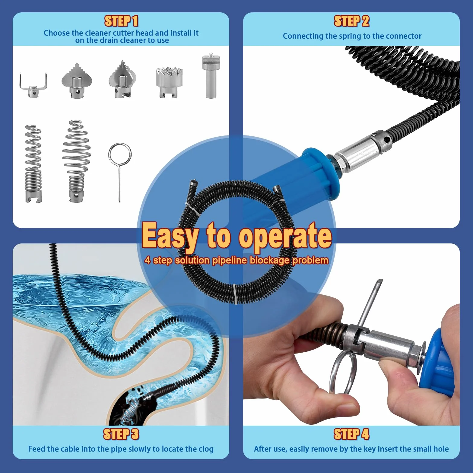 Sonda per pulizia tubi Sturatubi 5m spirale diametro 12mm acciaio 6 teste taglio adattatori manuale elettrico