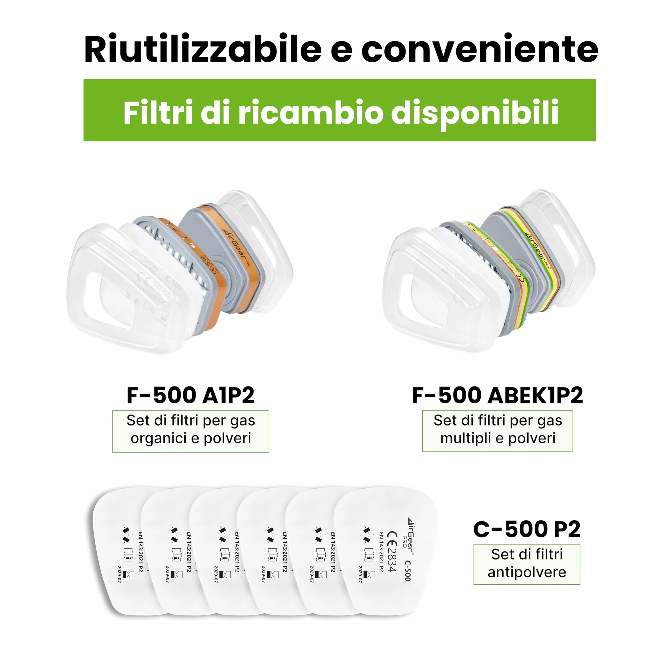 AirGearPro G-500 Maschera di protezione respiratoria riutilizzabile con filtri e occhiali di protezione
