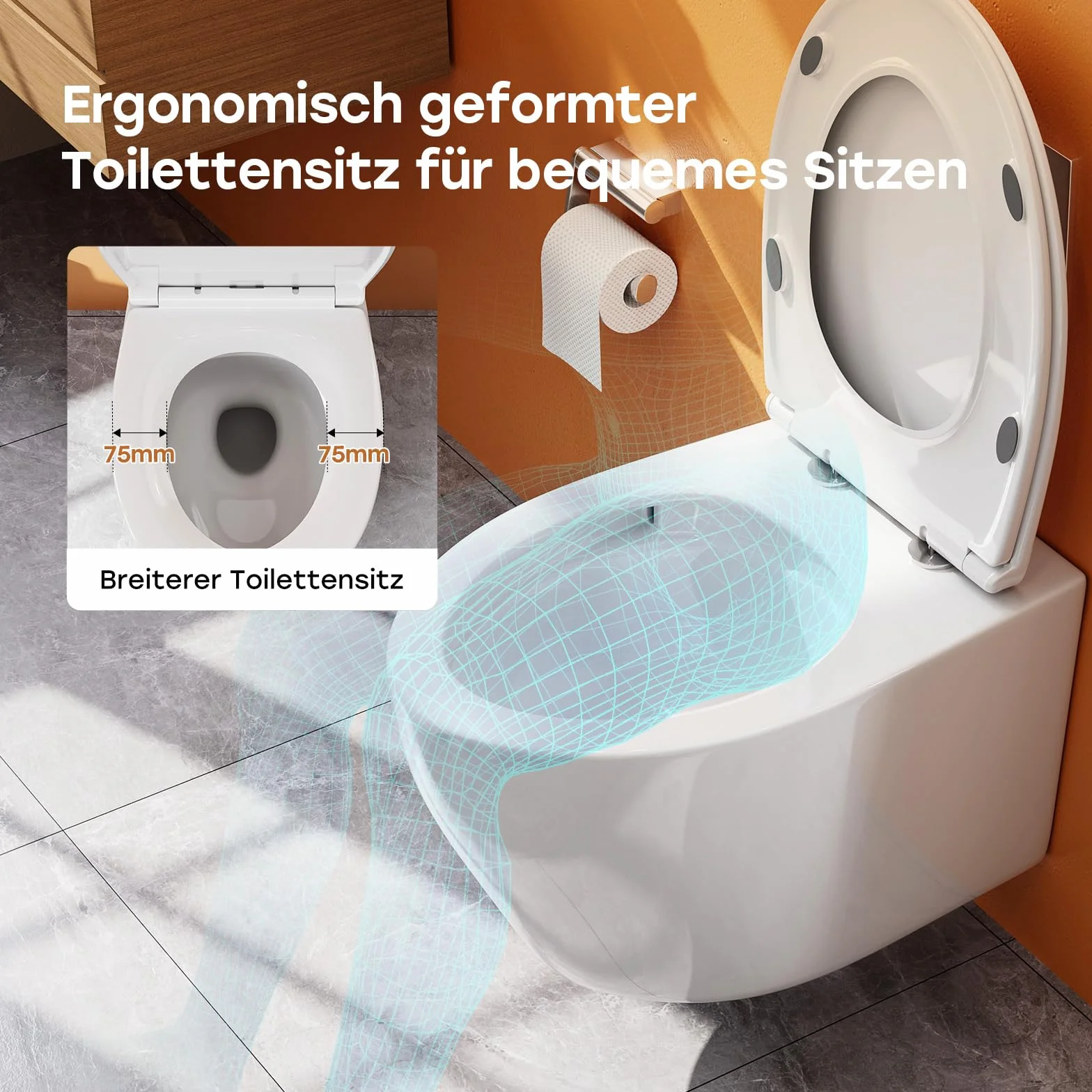 WC sospeso in ceramica Teal Home con coperchio abbassamento automatico e risciacquo superspin monoforo bianco nano 52x37x34,5 cm
