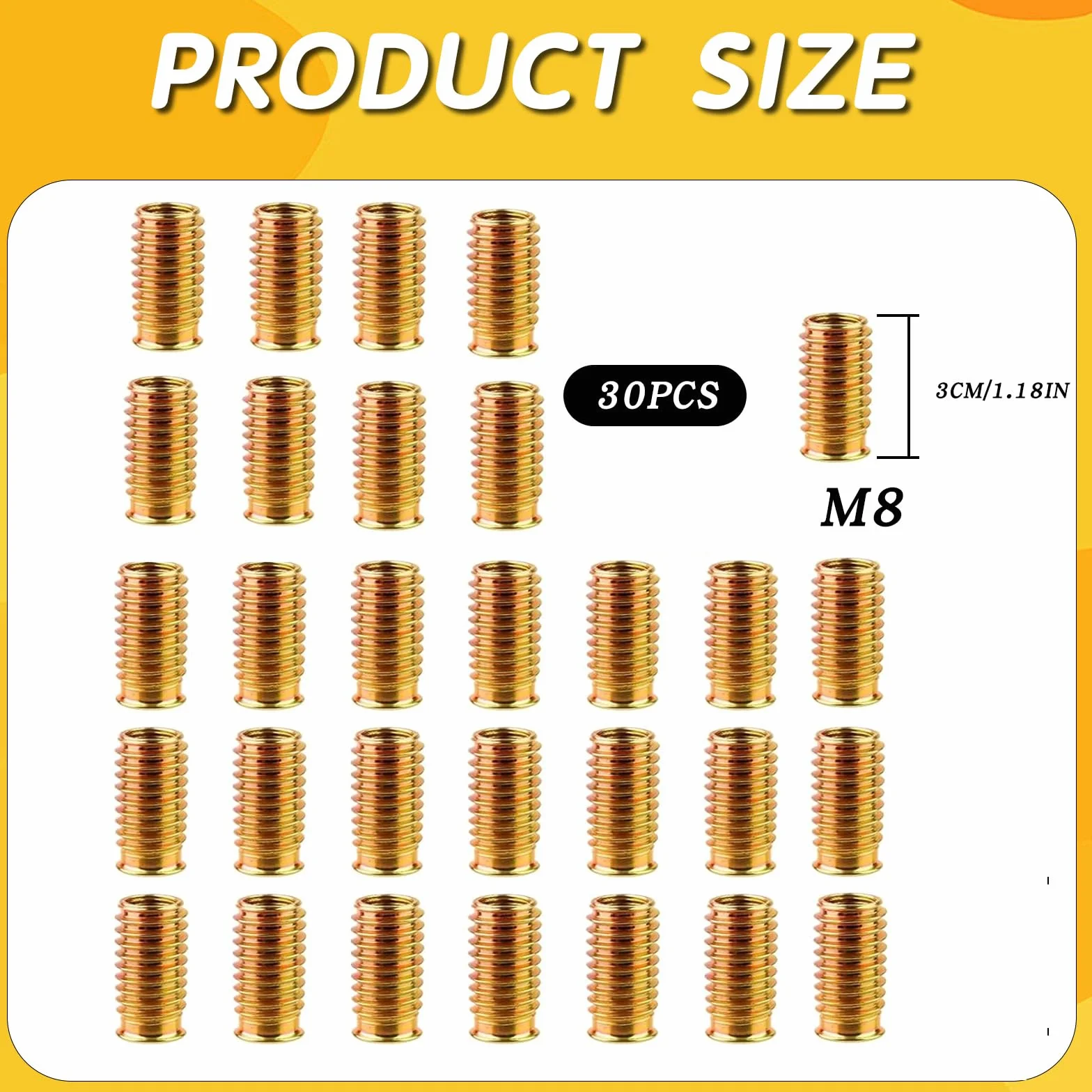 Inserti filettati per Legno M8x30mm Acciaio zincato Resistenti alla ruggine Dadi a Inserto 30 Pezzi