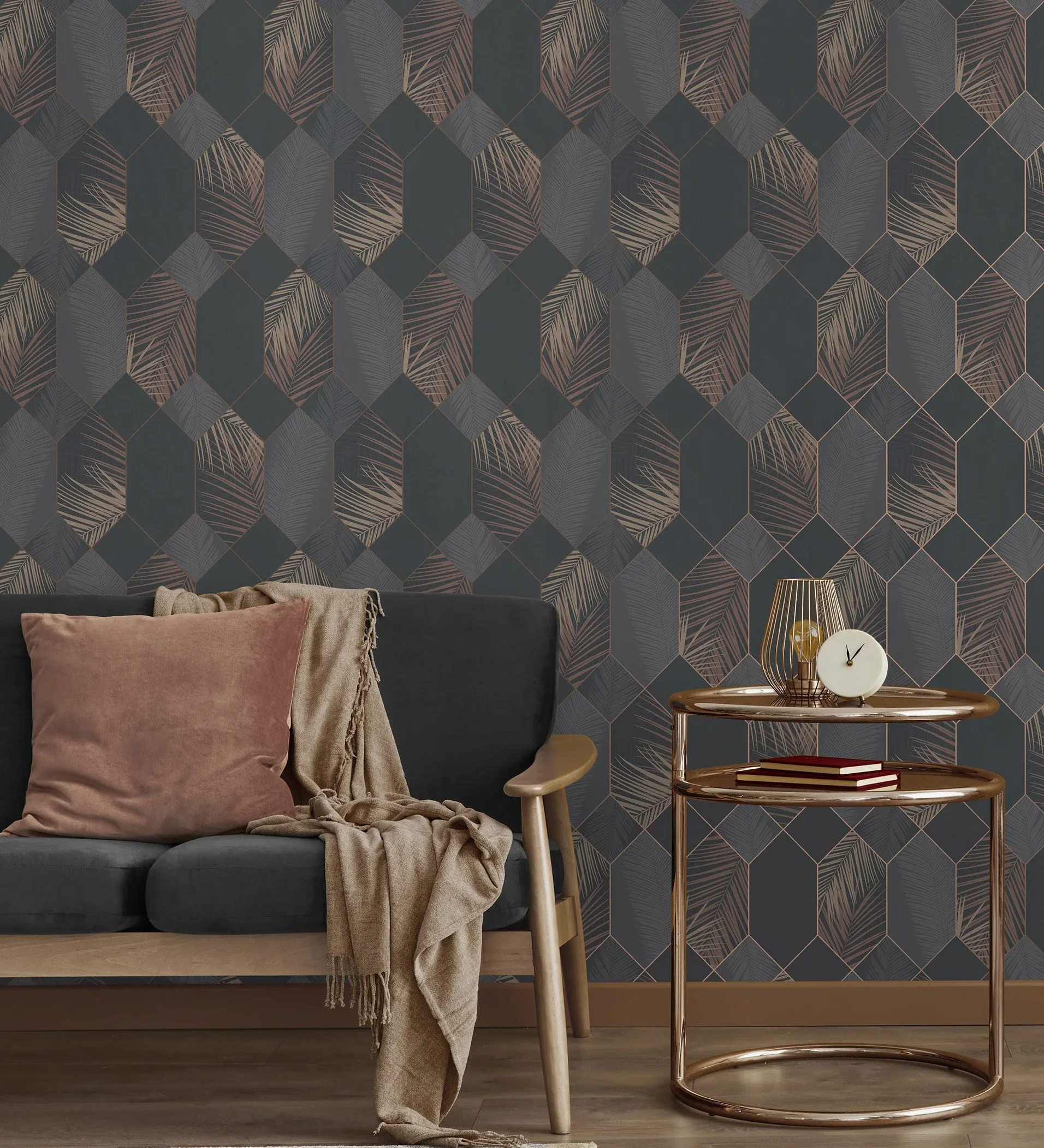 GAULAN 681282 - Carta da parati lavabile geometrico pannello esagonale con foglie tropicali per pareti soggiorno camera da letto corridoio sala da pranzo - Rotolo di 10 m x 0,53 m