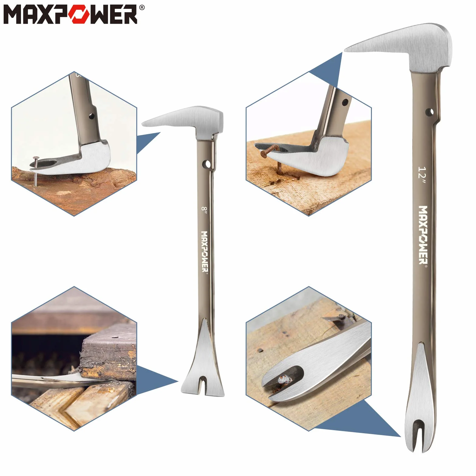 MAXPOWER Set di Leverino da Carpentiere, Confezione da 2 Leva per Estrattore per Unghie e Raschietto per Scalpello Levachiodi Giapponese (210 mm e 300 mm)