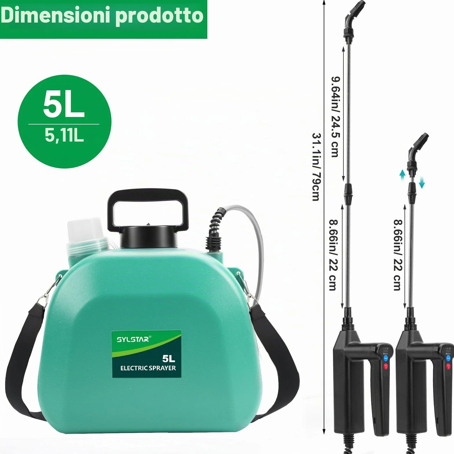 SYLSTAR Pompa Irroratrice a Batteria da 5L, 3 Velocità di Pompa Irroratrice,7.4V Spruzzatore Forte con Indicatore di Batteria, 4 Ugelli Regolabili Nebulizzatore Piante per Giardino (Verde)