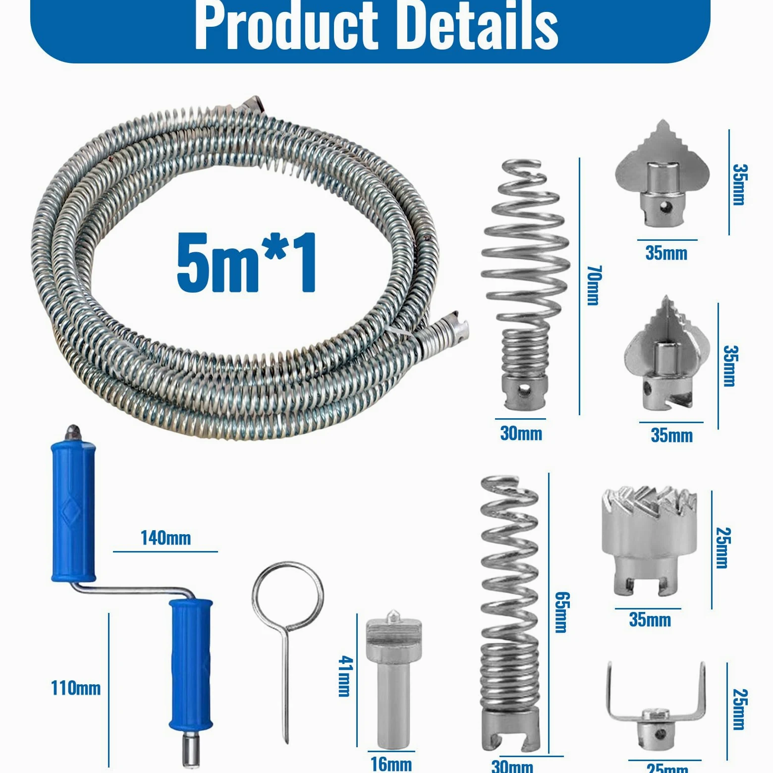 Stura Lavandini e Scarichi 5M, Sonda Sturatubi 12mm con 6 Testine, Spirale Flessibile per WC Tubi Scarico, Molla Sturatubi Acciaio con Adattatore Trapano Manuale/Elettrico
