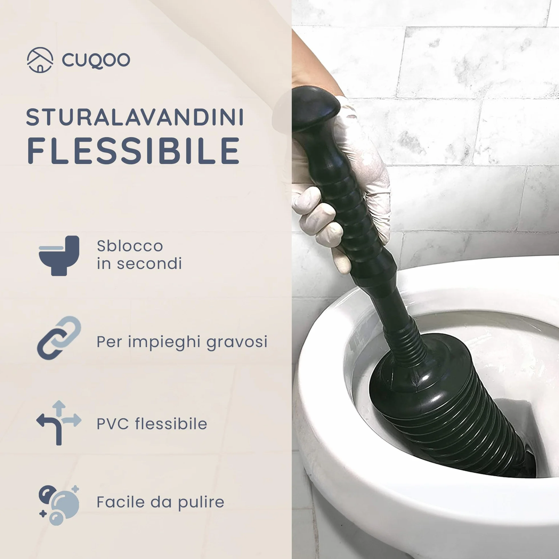 CUQOO Pulitore flessibile per WC con testa, potente, per bagno cucina lavandini vasca doccia