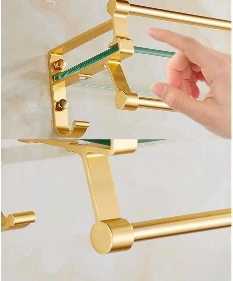 Mensola da bagno moderna in alluminio dorato con barra portasciugamani e barra a parete, in vetro temperato, per doccia (60 cm)