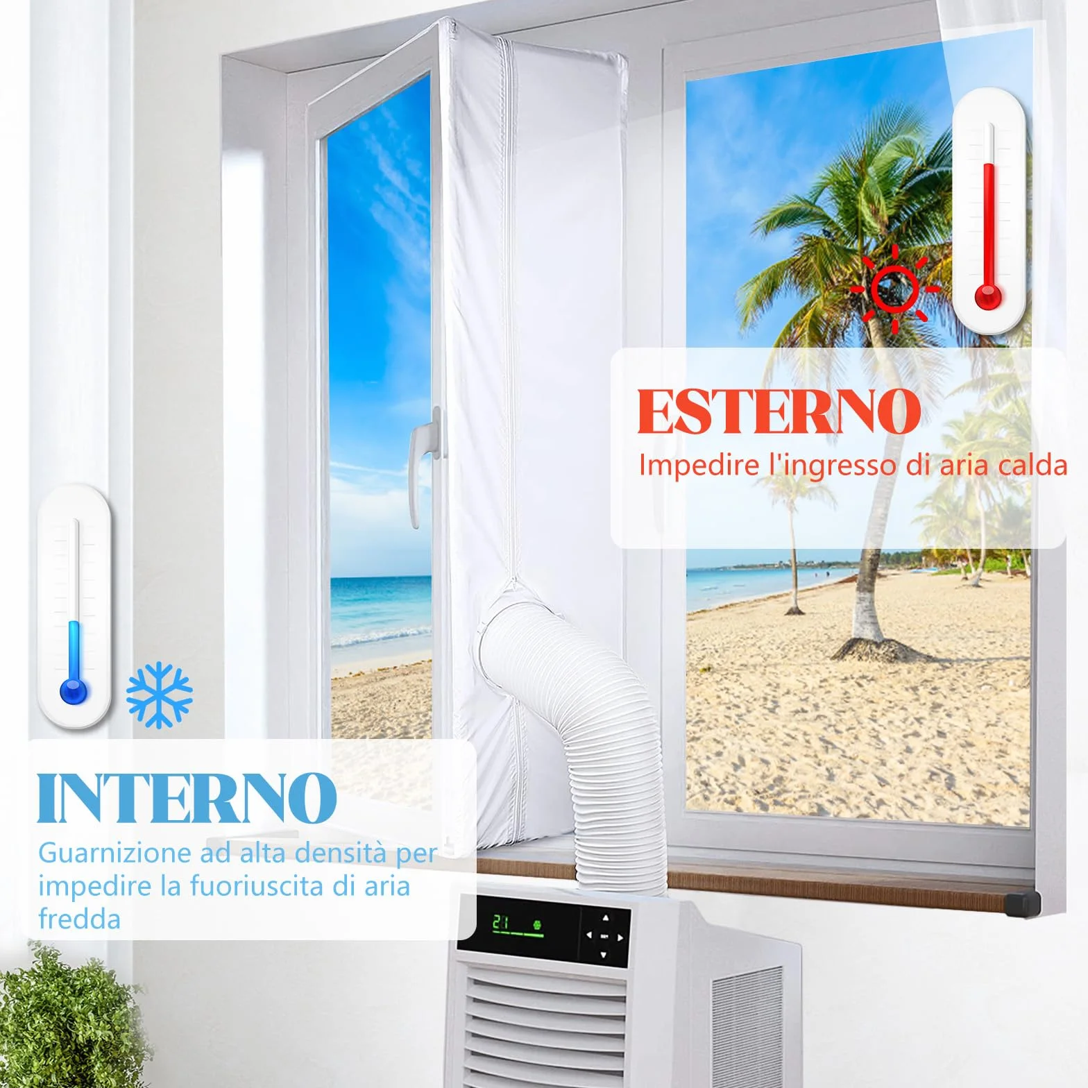 Guarnizione per finestre per condizionatori mobili 400 cm con doppia cerniera lampo Hot-Air-Stop