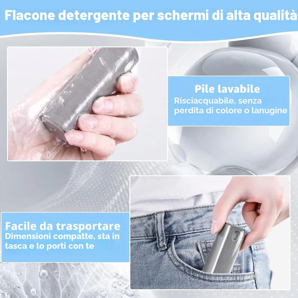 REFORUNG 3 Pz Pulitore per Schermo a Prova di Impronte Digitali 2 in1 Spray Detergente per Schermo del Telefono 2 in 1 Bottiglia Spray Pulisci Schermo e Panno per Tutti i Telefoni, Superficie in Vetro