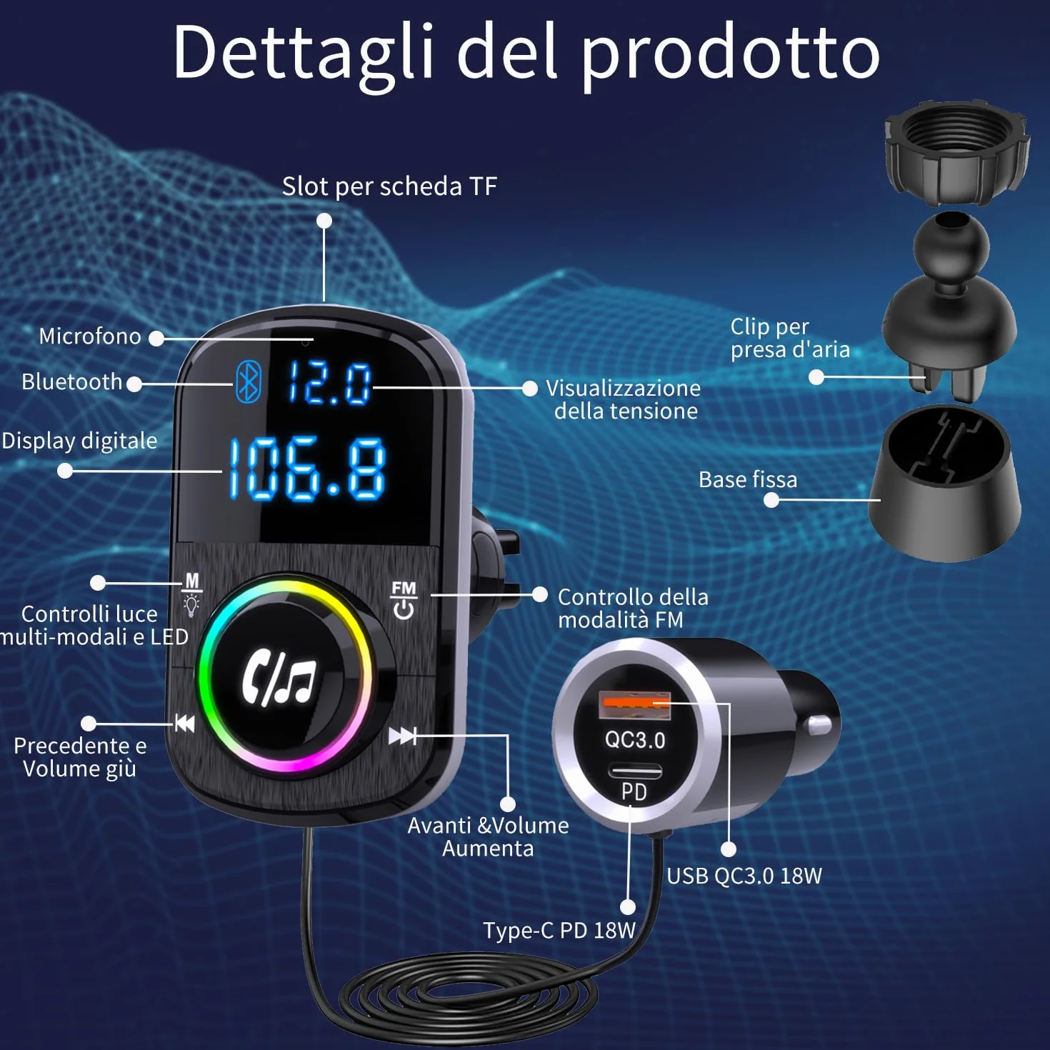 GizmoVine Bluetooth Coche, Transmisor FM, Soporte Manos Libres/QC3.0 y PD Cargador Rápido/Luz Ambiental/Base Autoadhesiva y Clip con Cable 1.1 - Reproductor de Música con Tarjeta BT/TF