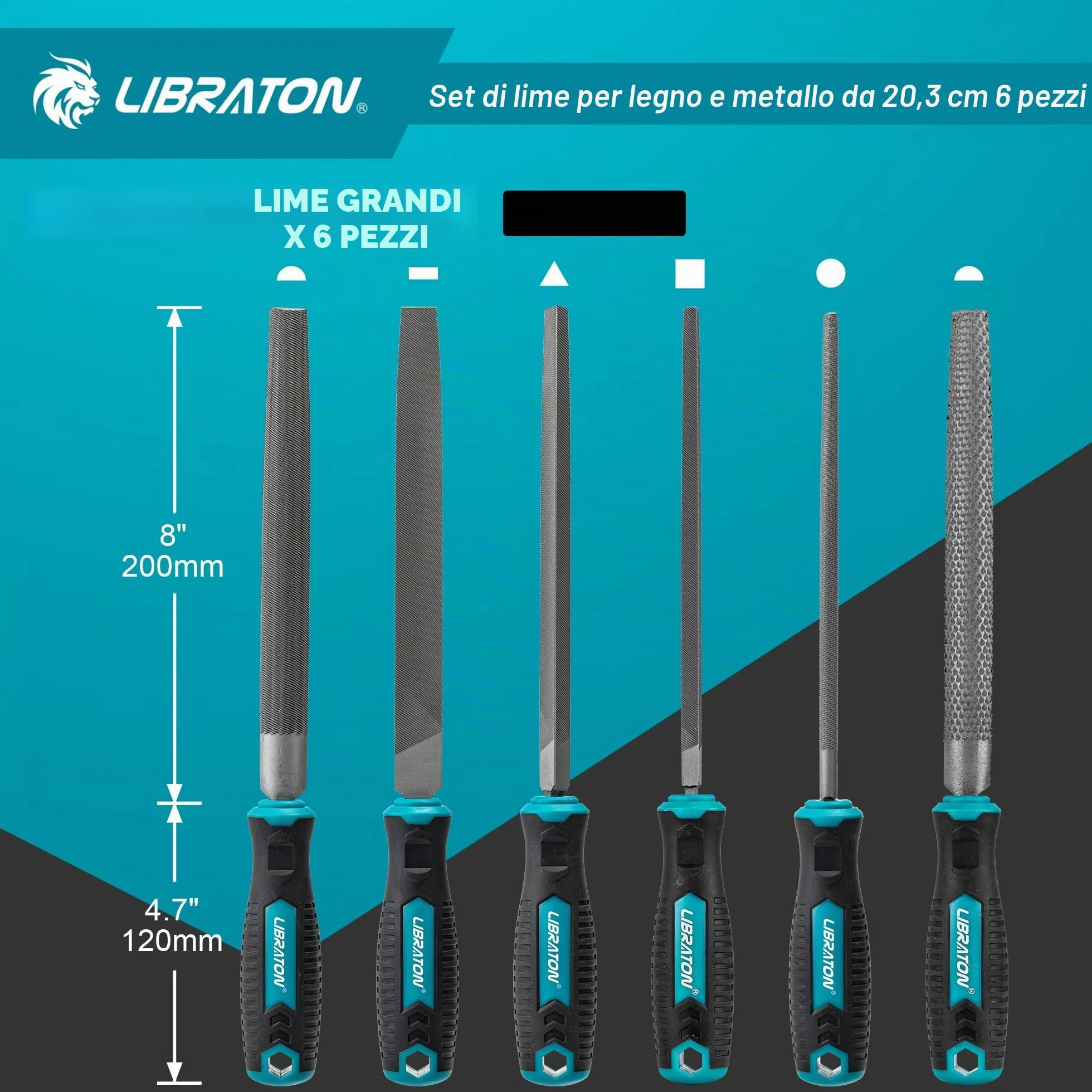 Libraton Set di Lime Metalliche 6 Pezzi 8 Pollici Acciaio al Carbonio Manico in Gomma con Raspa per Legno
