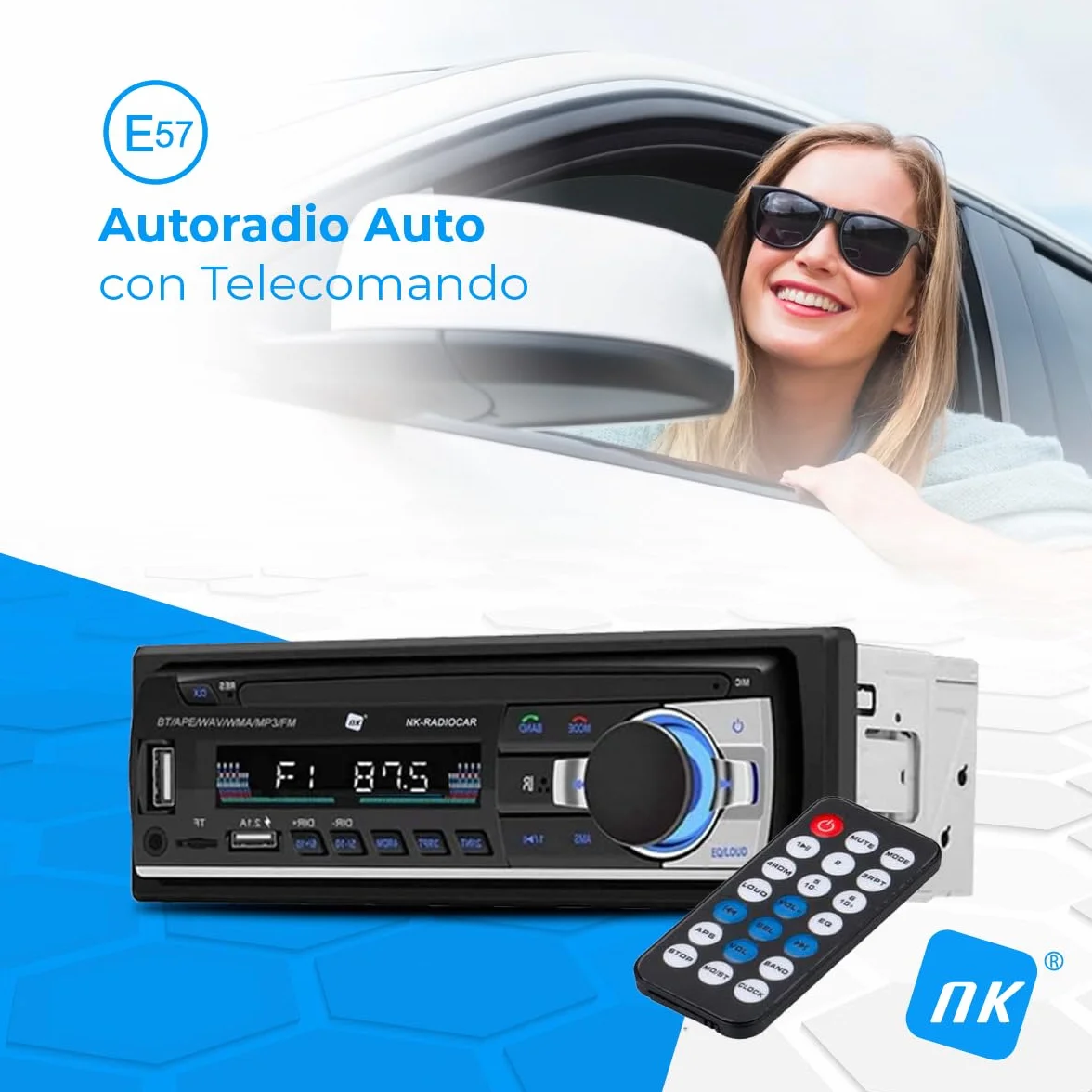 NK Autoradio Bluetooth 4.0 - 1 DIN - 4x40W - Funzione AUX, lettore MP3 e doppia porta USB, suono stereo FM, chiamate in vivavoce, telecomando, display LCD, iOS e Android